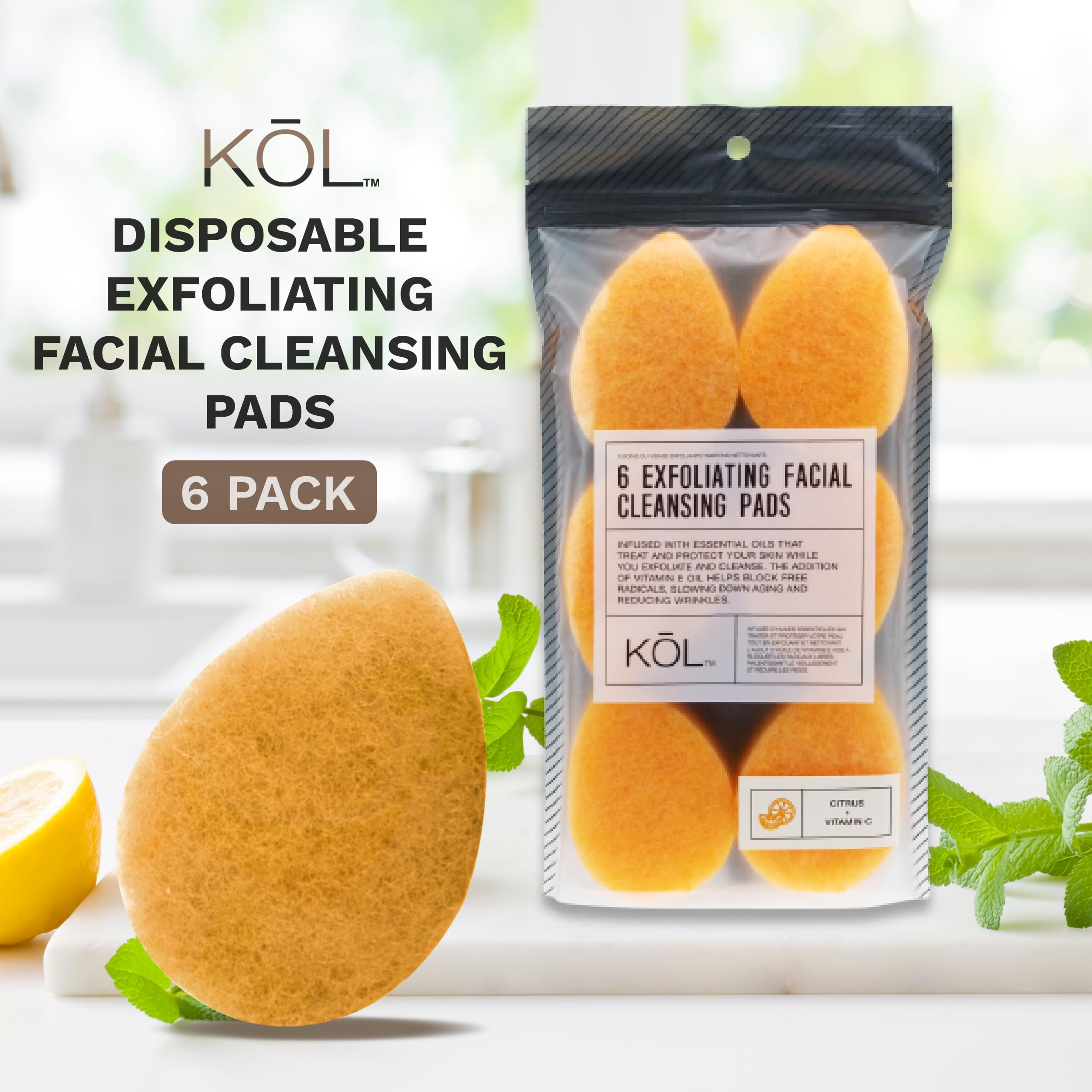 Kol Face Scrubber, Citrus And Vitamin C Infused Exfoliating Facial Cleansing Pads, Disposable Exfoliator Face Sponge For Daily F