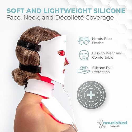 Nourished Bodynskin LED Light Therapy Face & Neck Mask - 7 Colors, Rejuvenation, Anti-Aging - 1 Count, White, Model NBS-1