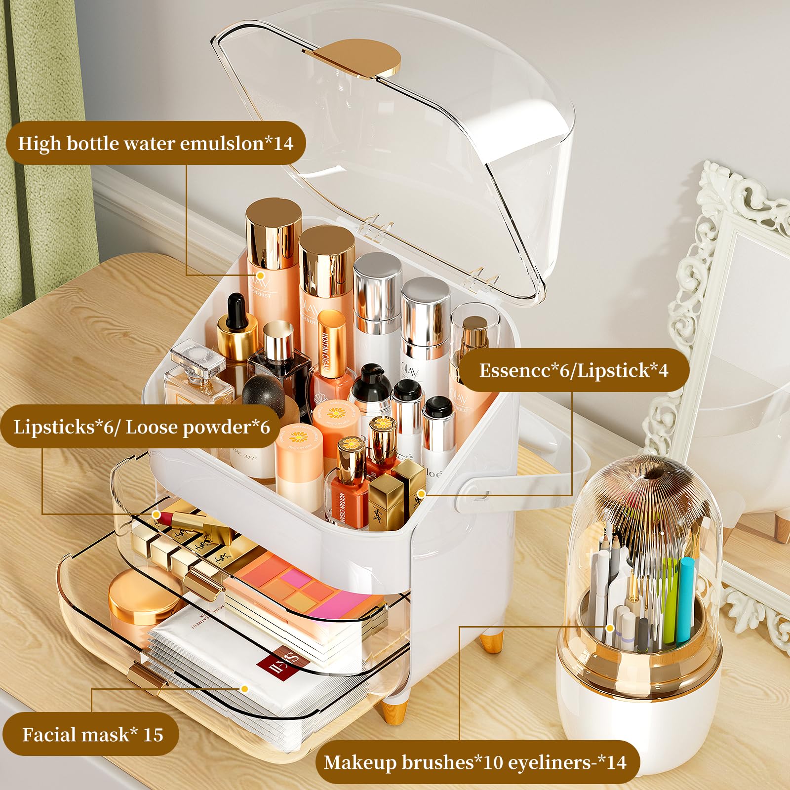 Makeup Organizer Skincare Organizers With Brush Holder, 3 Layers Large Capacity Cosmetic Storage,Make Up Storage Organizers With