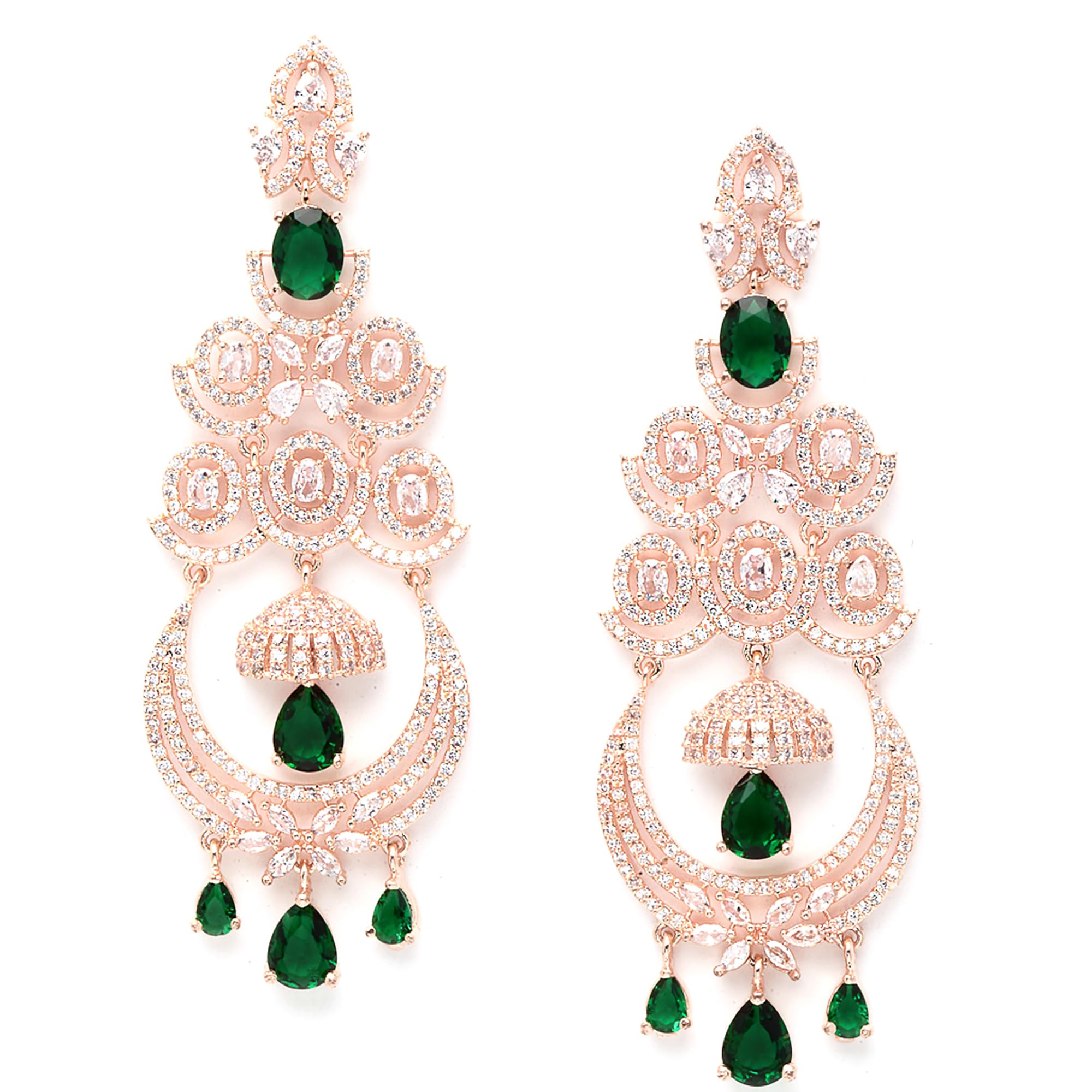 Zeneme Floral Shaped American Diamond Dangle Chandelier Earring For Women And Girls (Green RoseGold)
