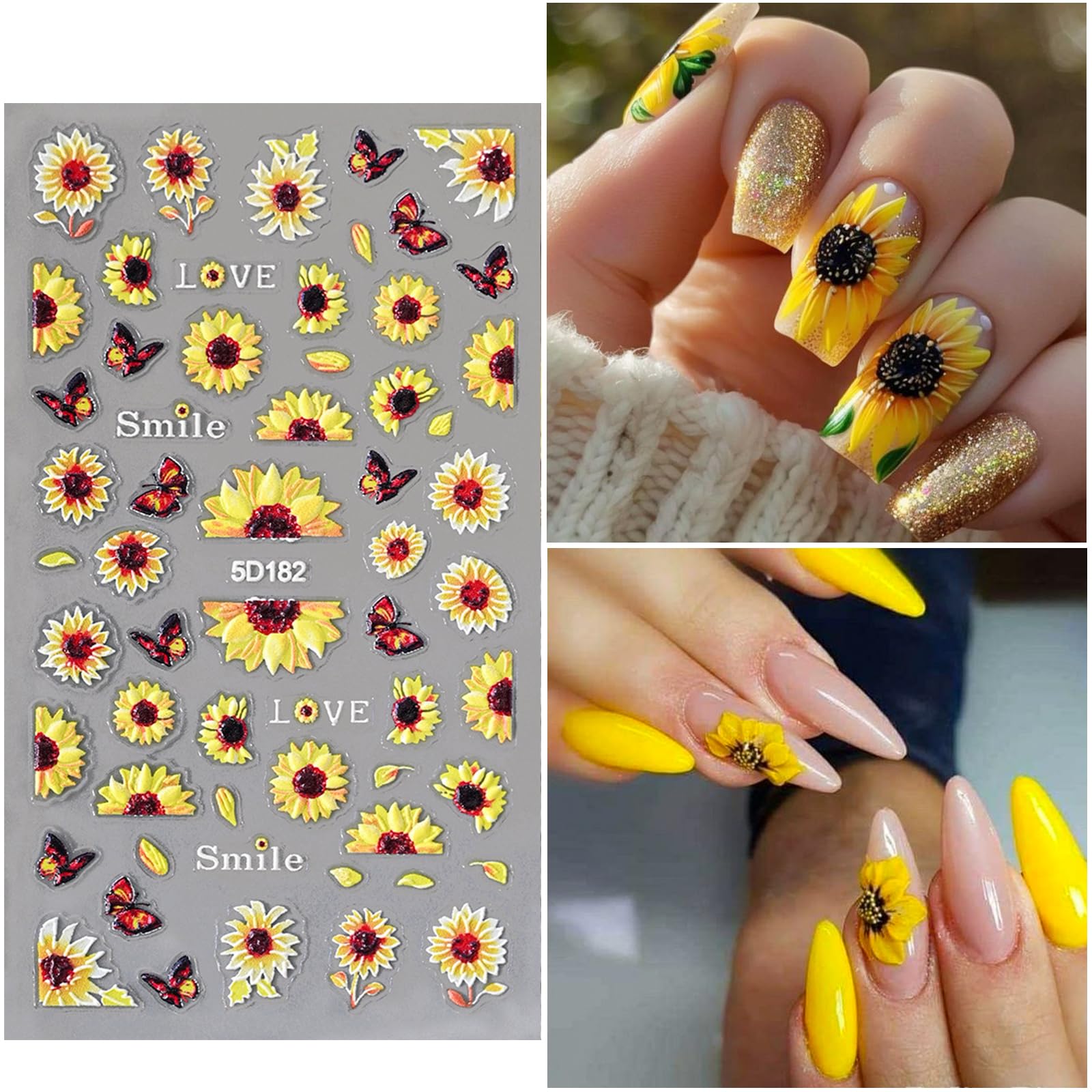 Votacos 4 Sheets 5D Flower Nail Art Stickers Embossed Nail Decals Autumn Nail Art Design 3D Self-Adhesive Sunflowers Nail Suppli