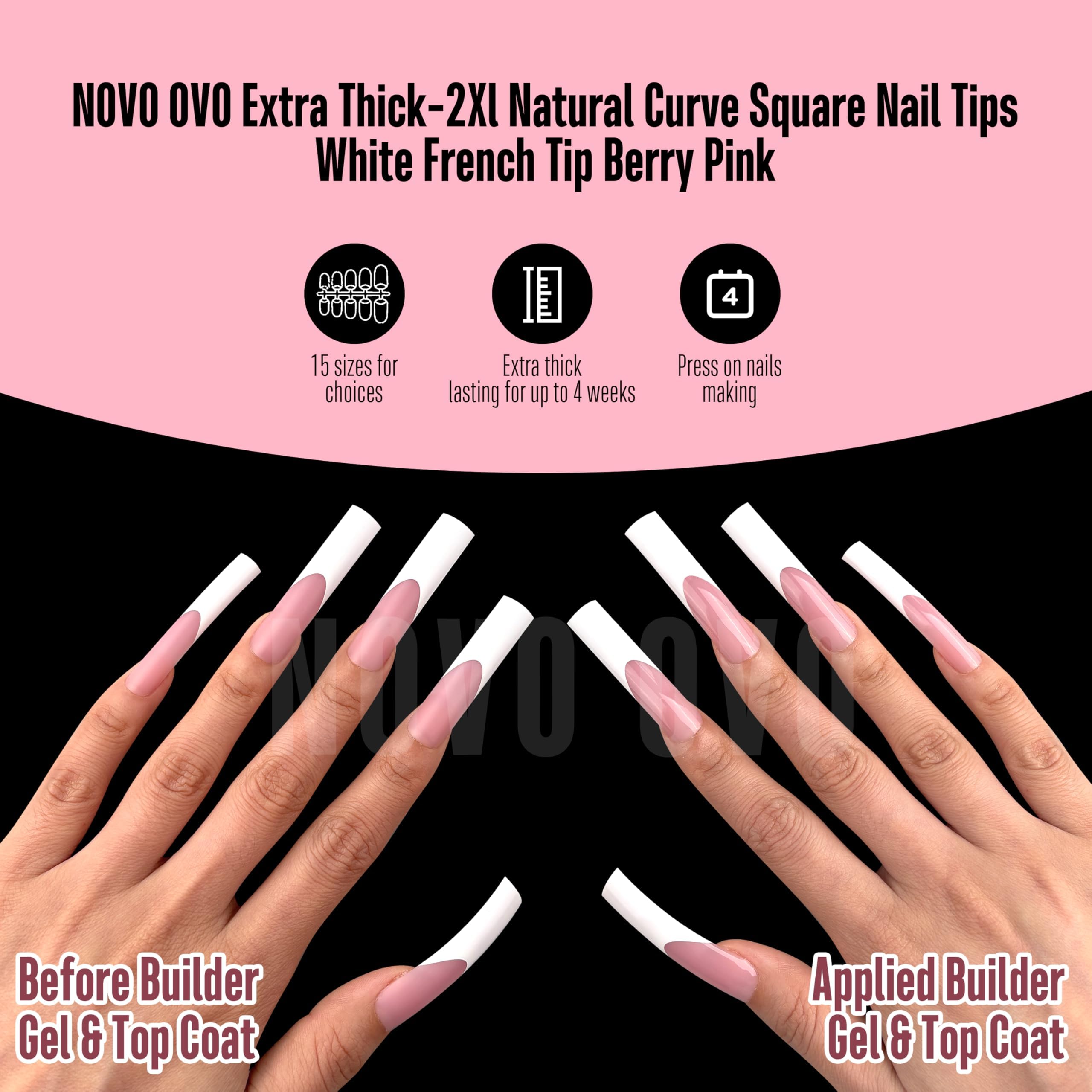 NOVO OVO Halloween XXL Sharp Square Slight Curved Nail Tips French Tip BERRY PINK, Full Cover Press on Acrylic, Extra Thick Soft