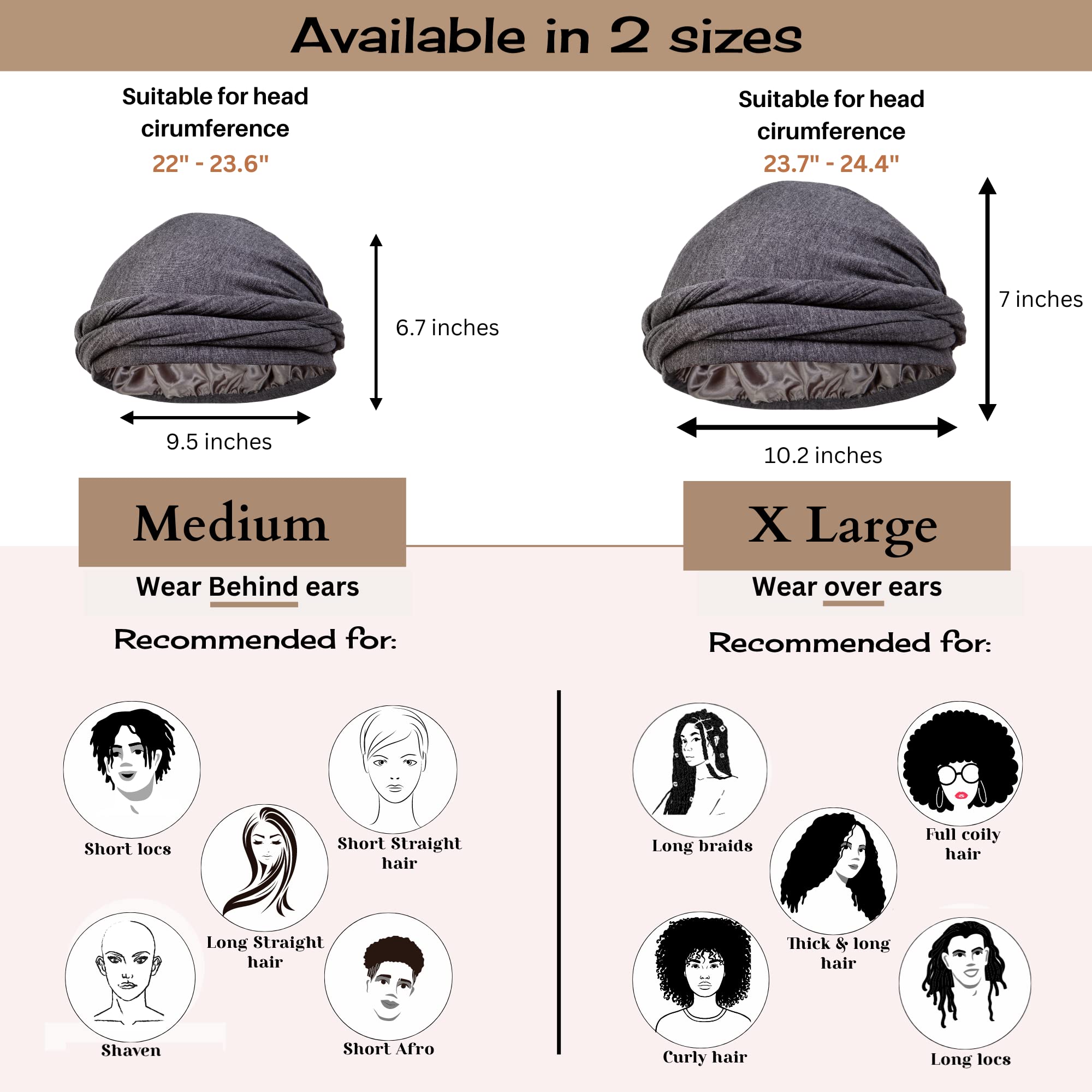 CAPLORD Silk Satin Lined Turban for Men & Women, Medium, Dark Gray, Pre-Tied Skull Cap, Sleeping Bonnet, Hair Wrap