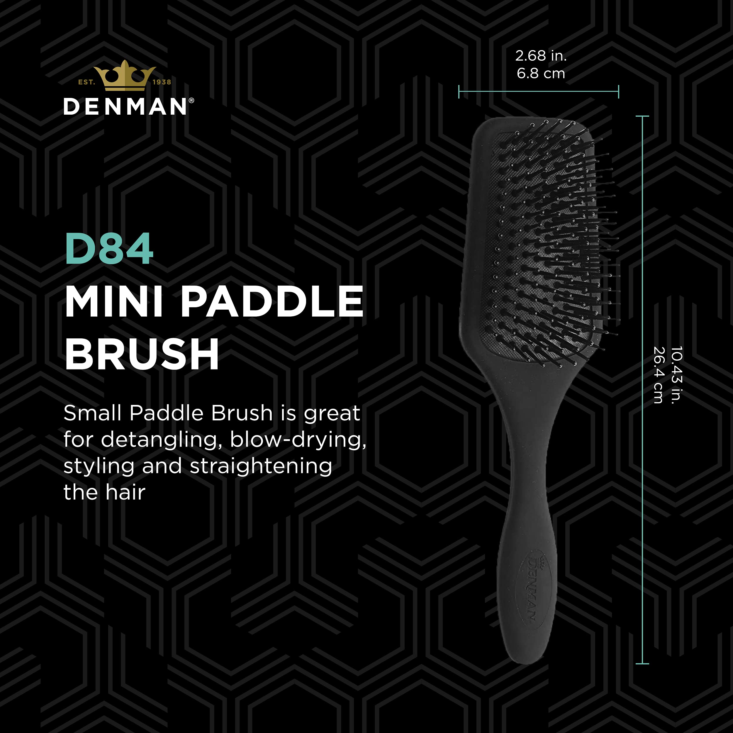 Denman (Black) Mini Paddle Cushion Hair Brush for Blow Drying, Detangling & On the Go Travel - Comfortable Styling, Straightenin