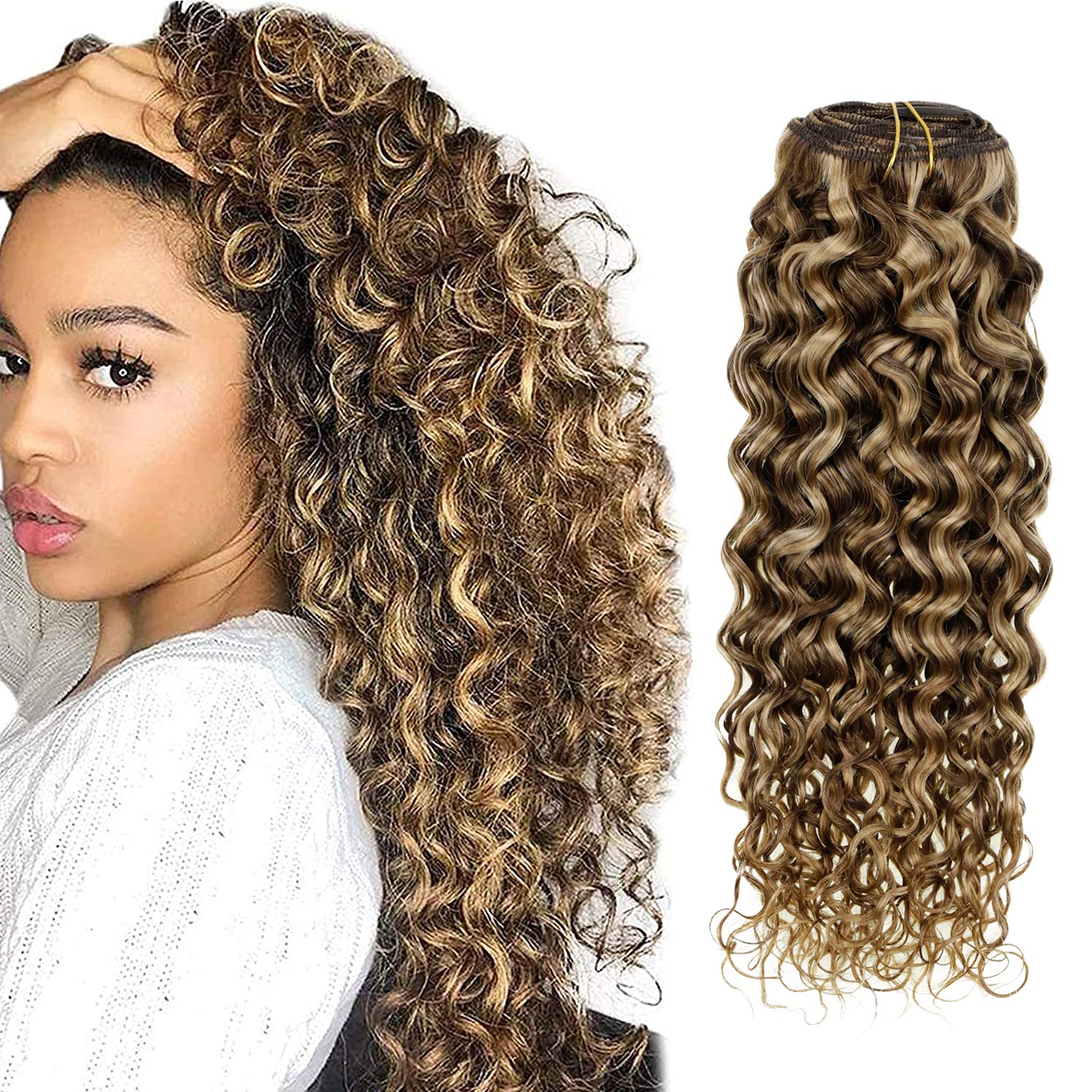 Hetto Curly Extensions Clip in Human Hair Brown Highlight Blonde 4/27 Clip in Hair Extensions Human Hair Natural Curly Human Hai
