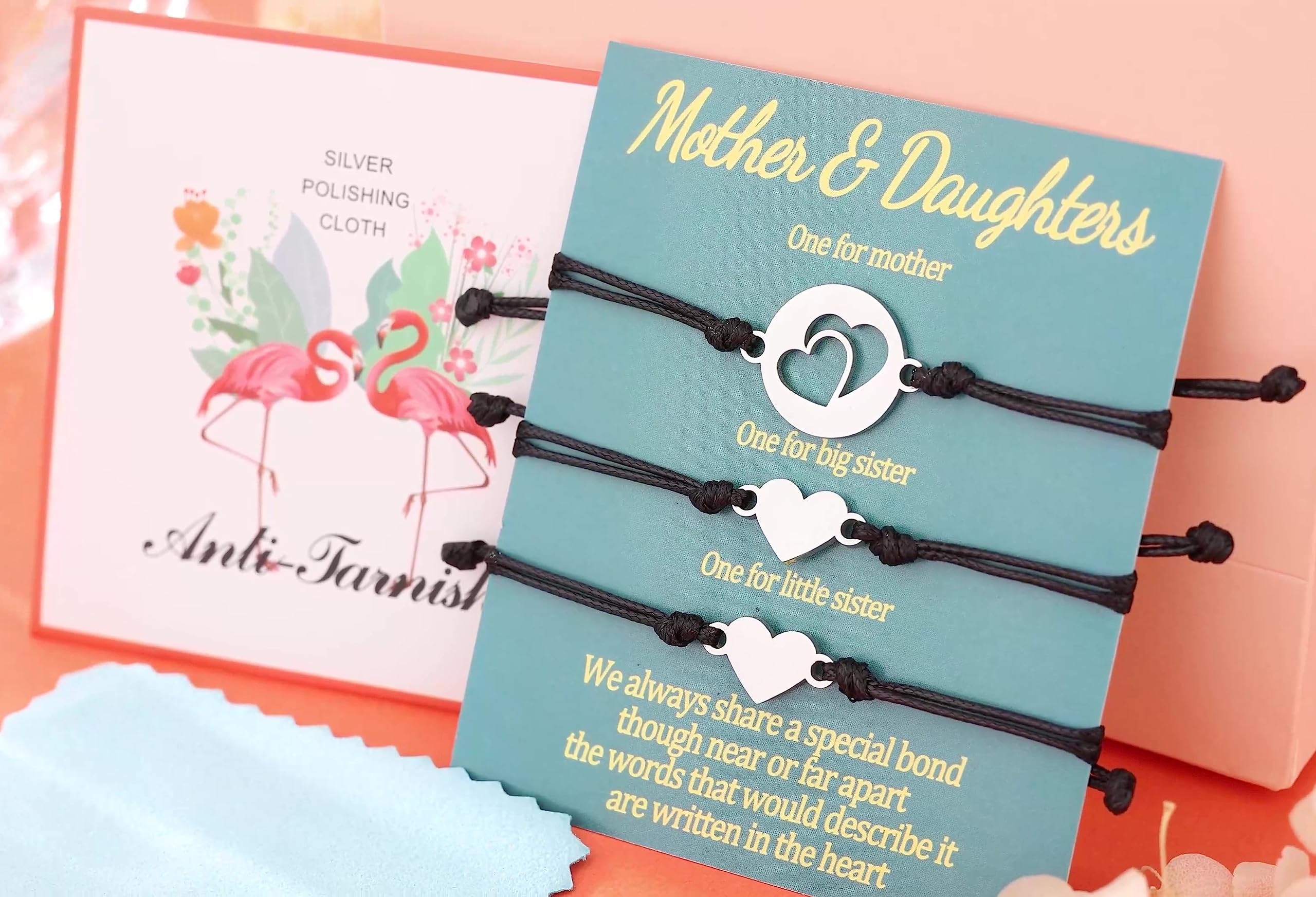 Cueemoff Mom and 2 Daughter Bracelets Gifts for 3 Pcs, Mother Two Daughters Mommy and Me Heart Matching Bracelet Jewelry,Valenti