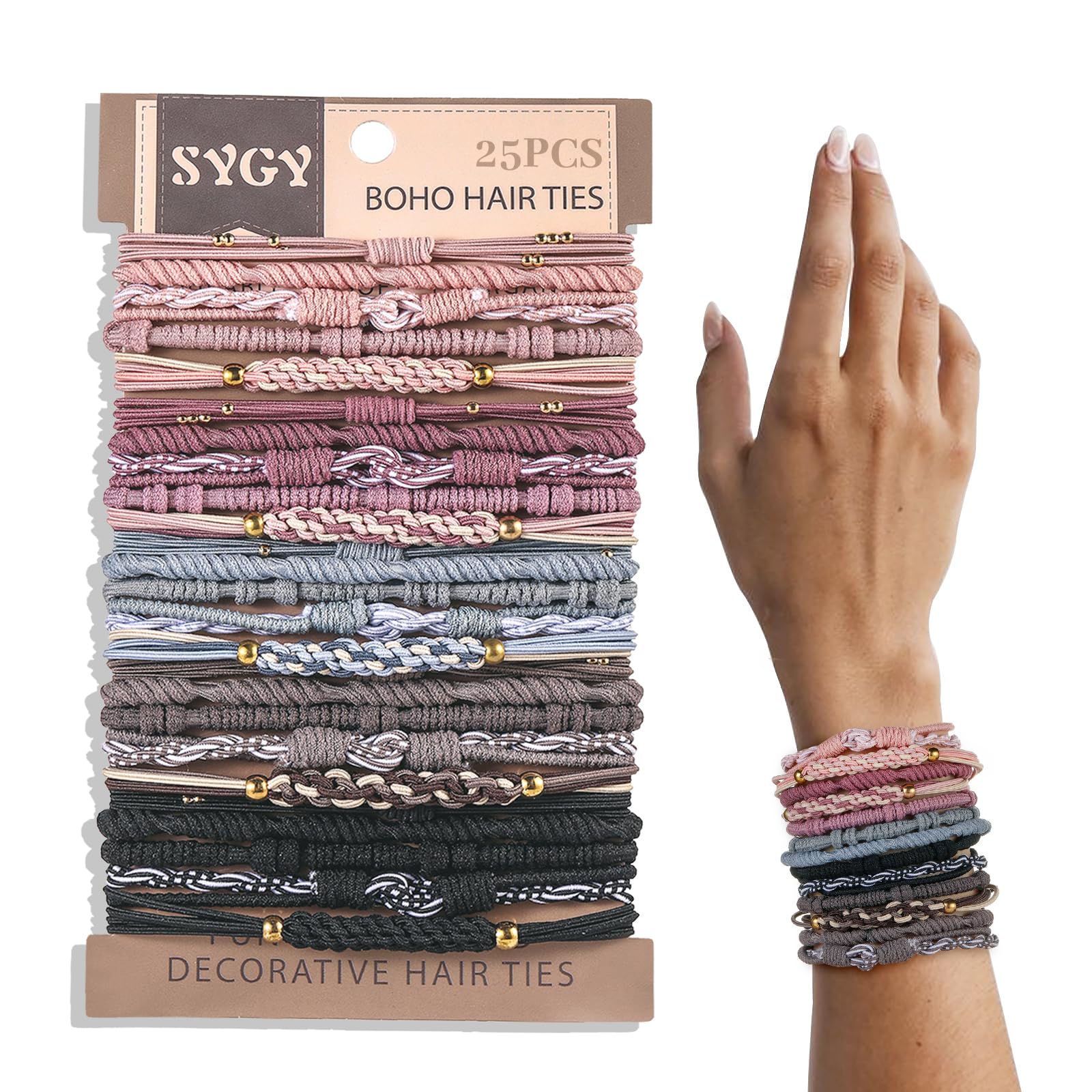 25 PCS Boho Hair Ties, Multi-color Bracelets Hair Ties for Thick or Thin Hair, 5 Styles Boho Ties for Ponytail Holders, 2.36 Hai