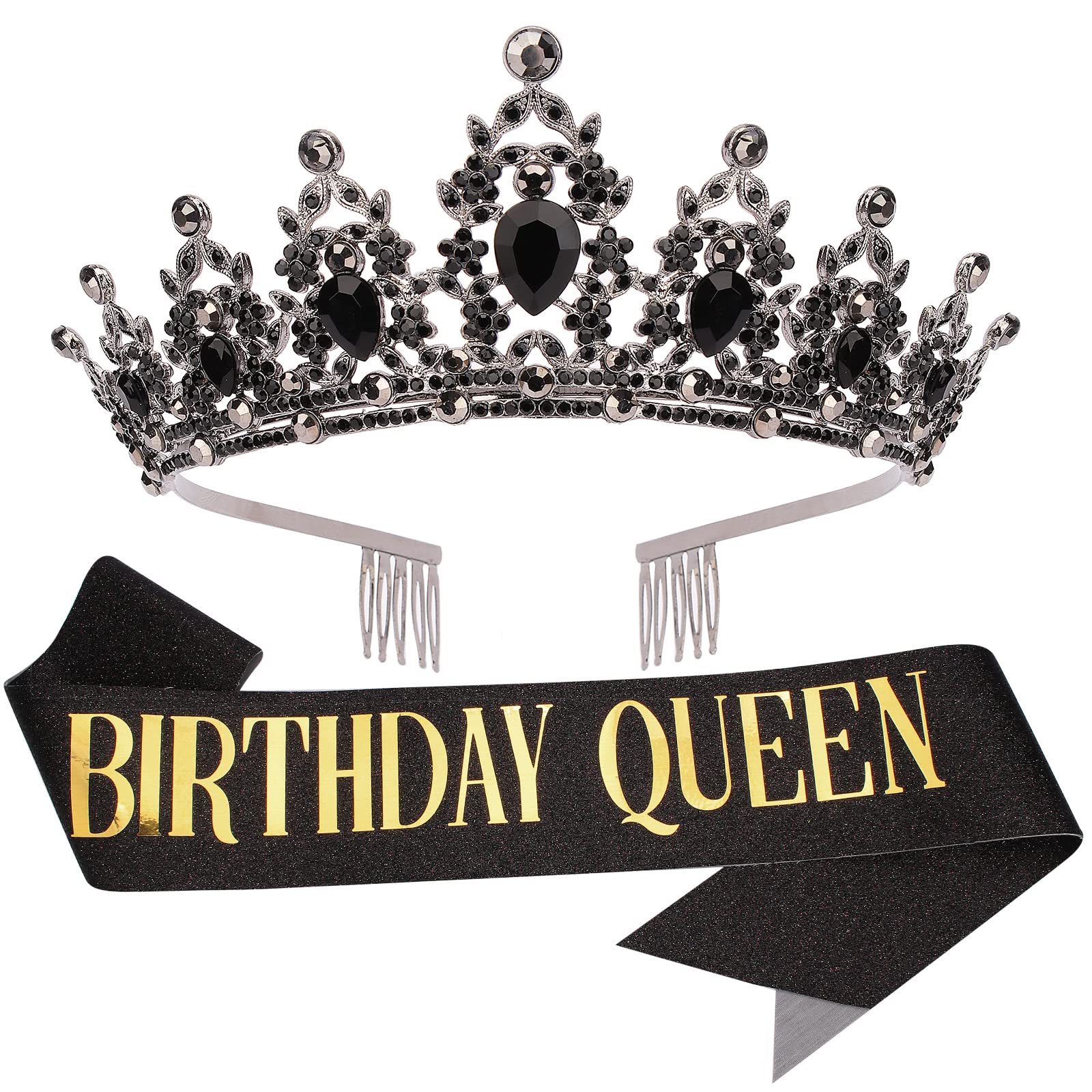 Birthday Queen Sash and Tiara for Women Crystal Tiara and Satin Kit for Girl Rhinestones Crown with Comb Glitter Hair Accessorie