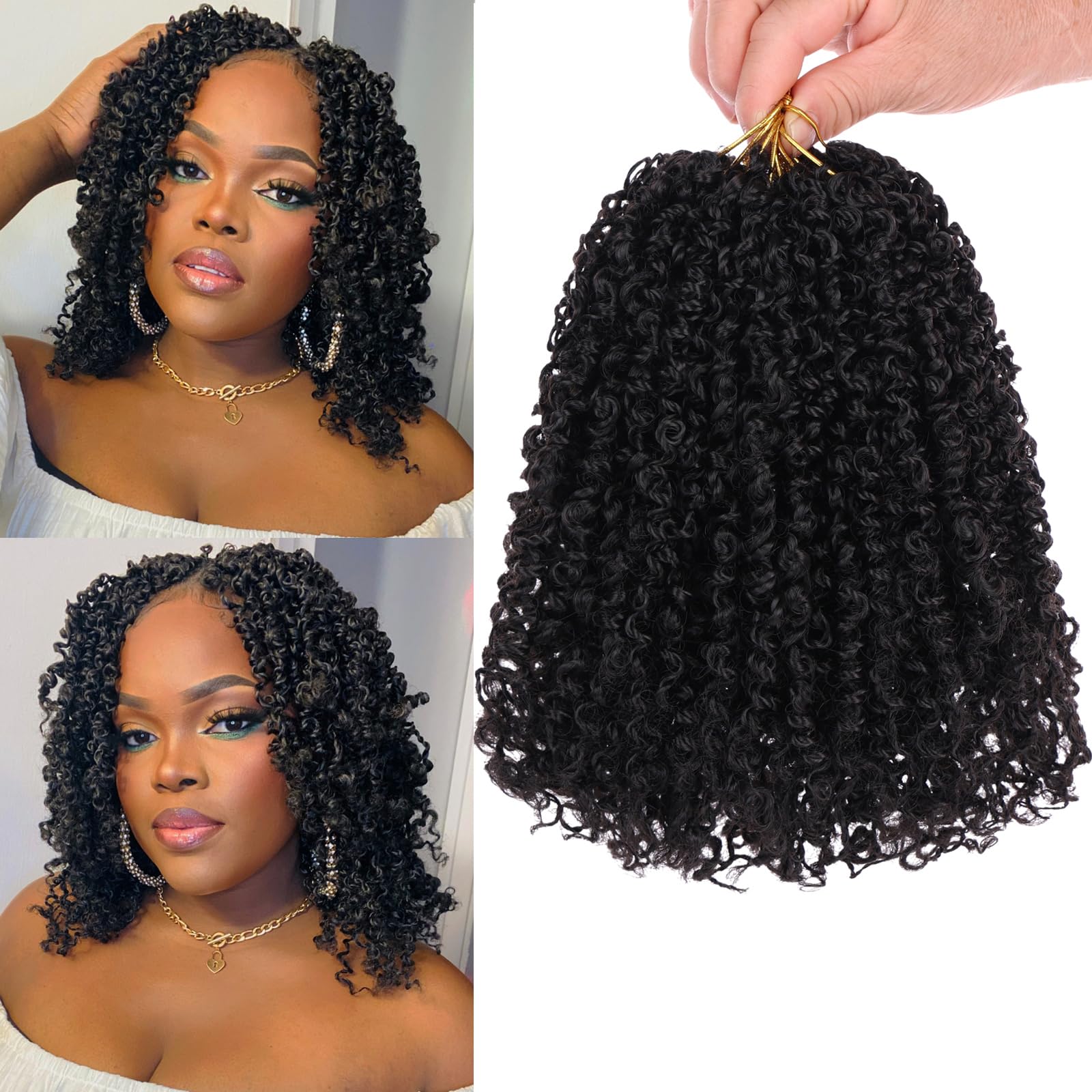 Unionbeauty 8 Packs Pre-looped Yanky Twist Crochet Braids Hair 8 Inch 30 Strands/PCS Natural Black Pre-twisted Passion Twist Boh