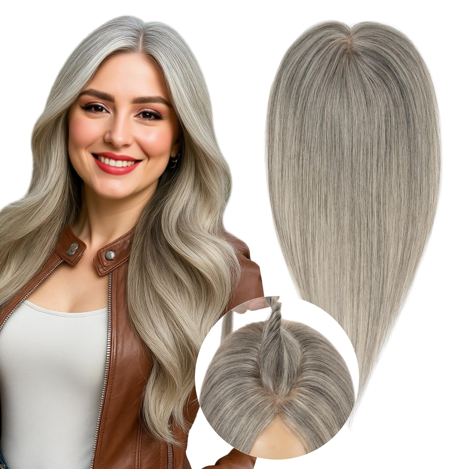SEGOHAIR Real Human Hair Toppers for Women 3.54*4.72 Silky Base 150% Density No Bangs Adjustable Parting Clip-In Topper Hairpiec