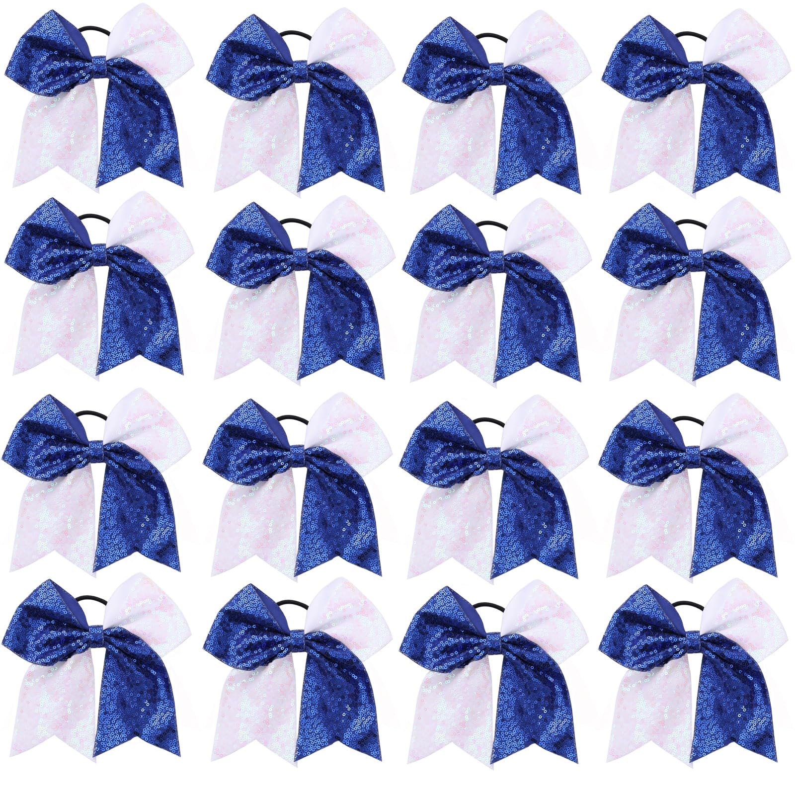 16 PCS Large Glitter Blue White Cheer Hair Bows, Shiny Cheerleading Bows Ponytail Holder for Cheerleader Girls Softball Sports a