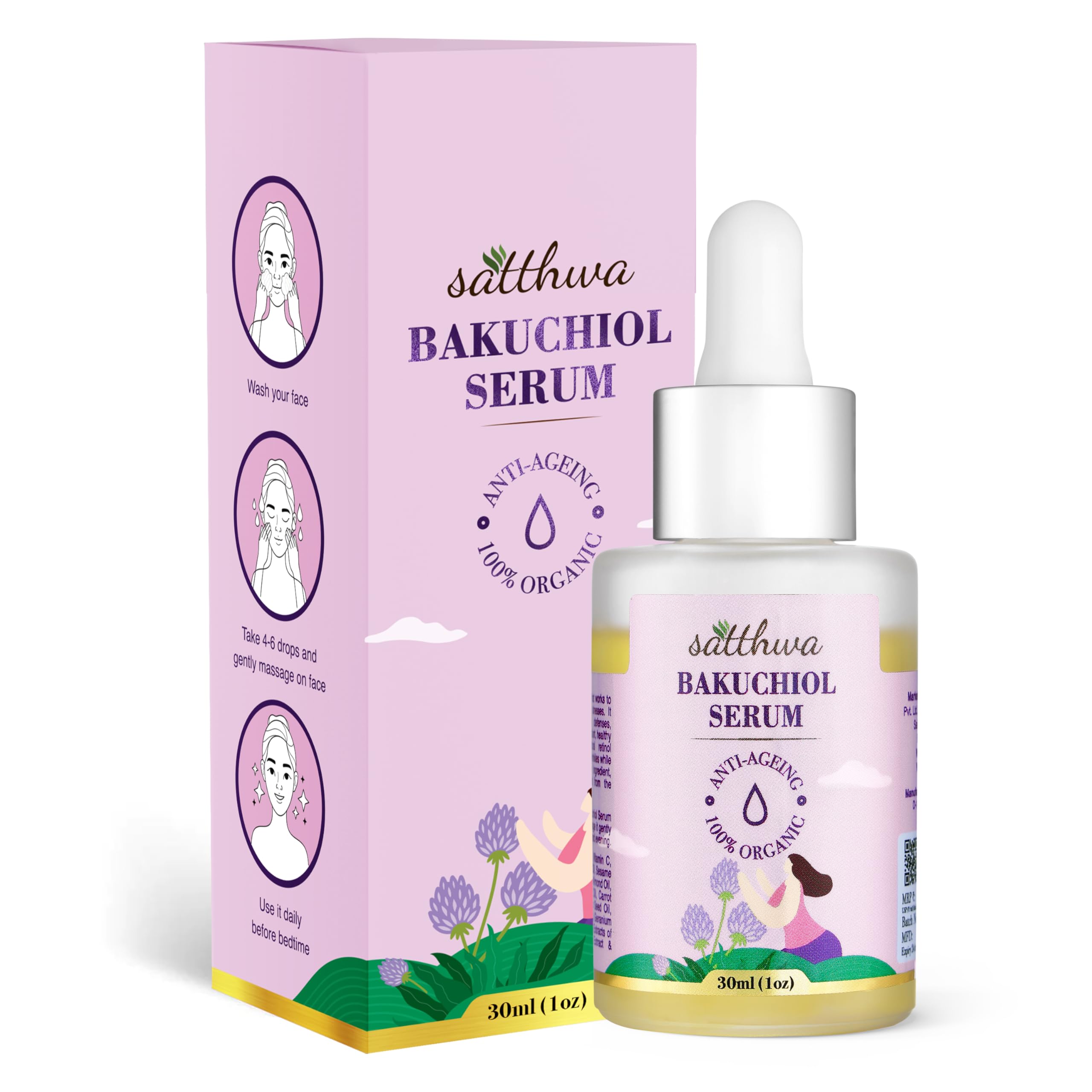 Satthwa Organic Bakuchiol Face Serum - Plumping, Anti-Aging and Reduces Wrinkles Fine Lines - Serum with Vitamin C, Ashwagandha 