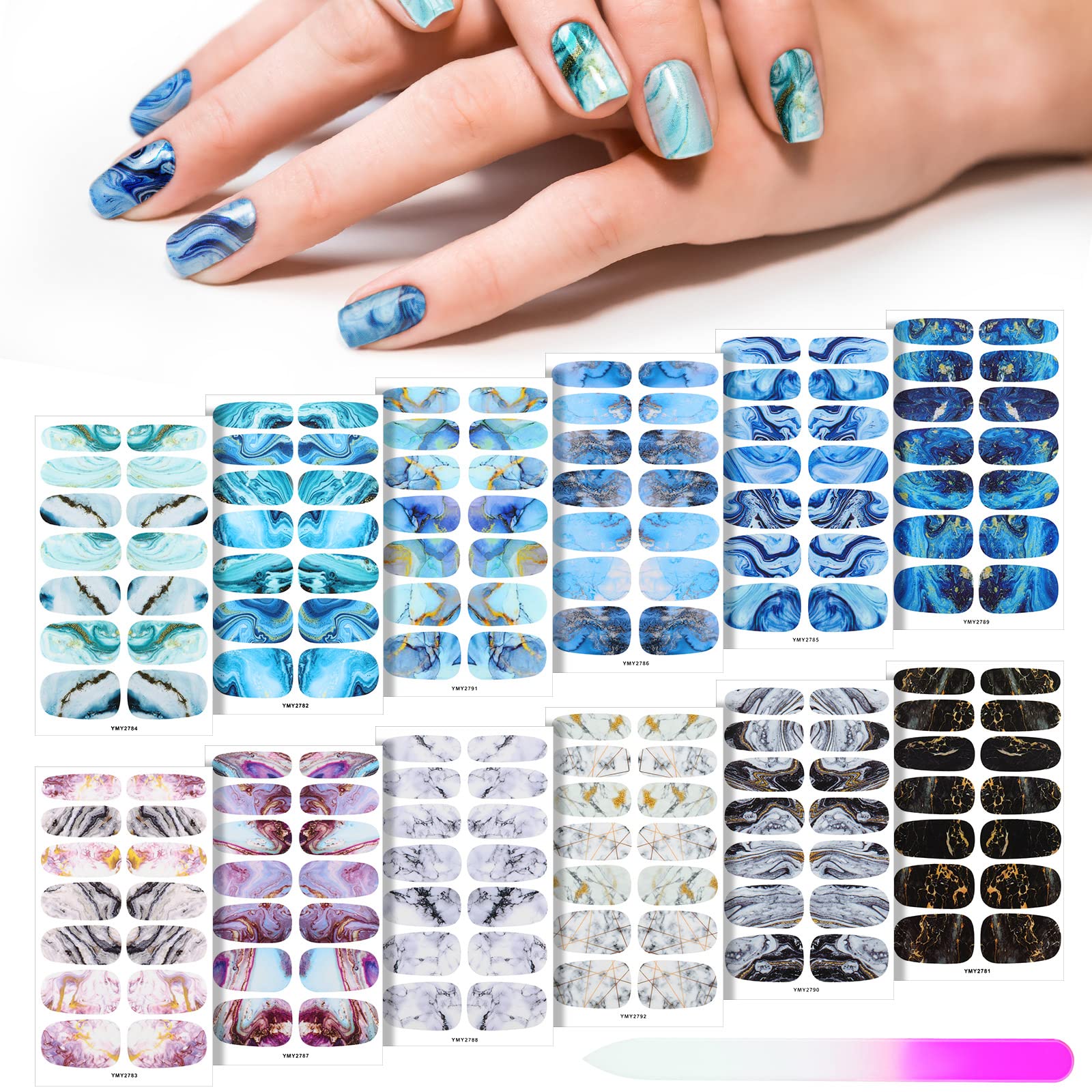 Maitys 168 Pieces 12 Sheets Full Wrap Nail Polish Stickers Self Adhesive Glitter Gradient Marble Color Nail Decal Strips with Gl