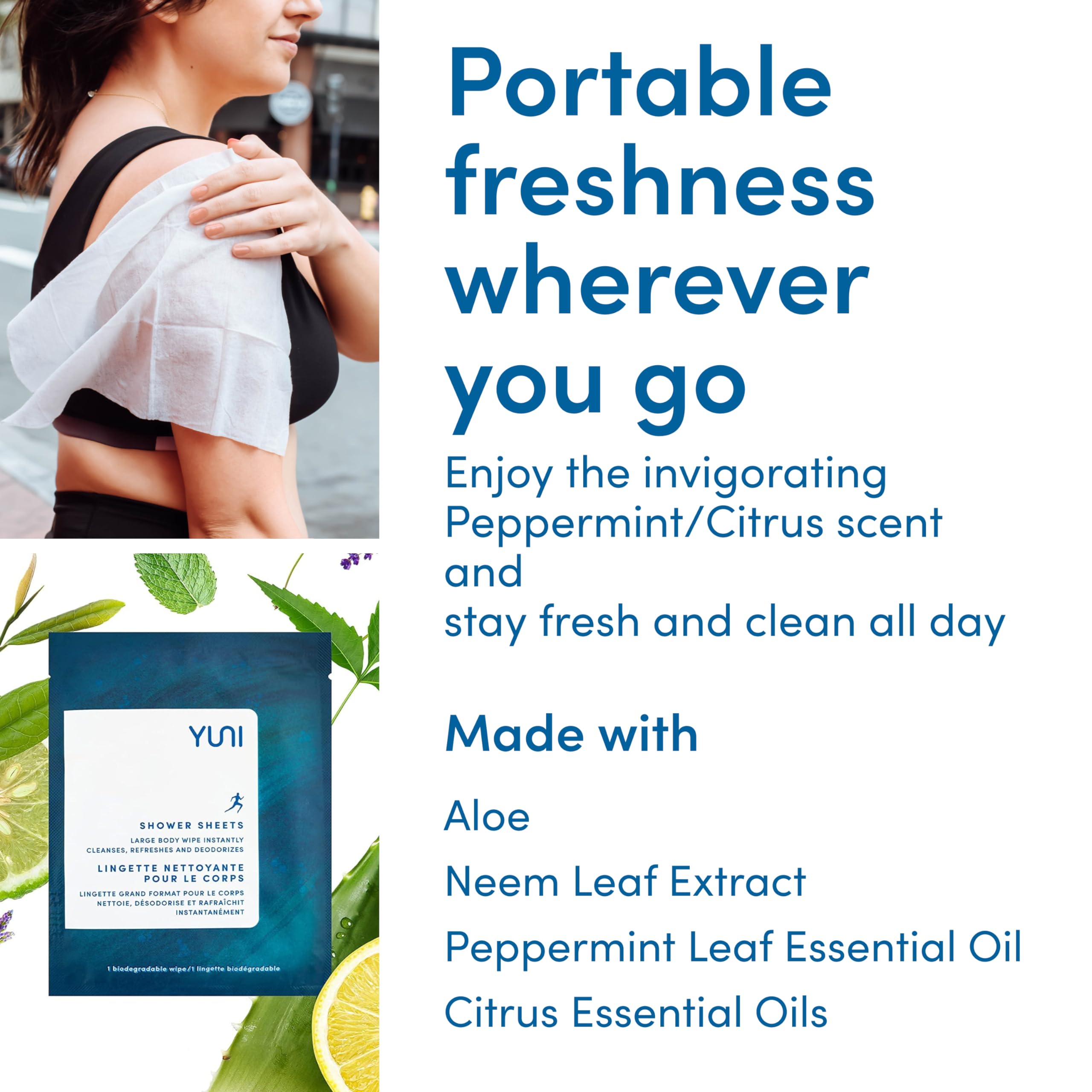 Yuni Beauty Large Body Wipes, Peppermint Citrus, 12 Count, Compostable, Biodegradable, No Rinse Body Cleanser, On-The-Go Shower