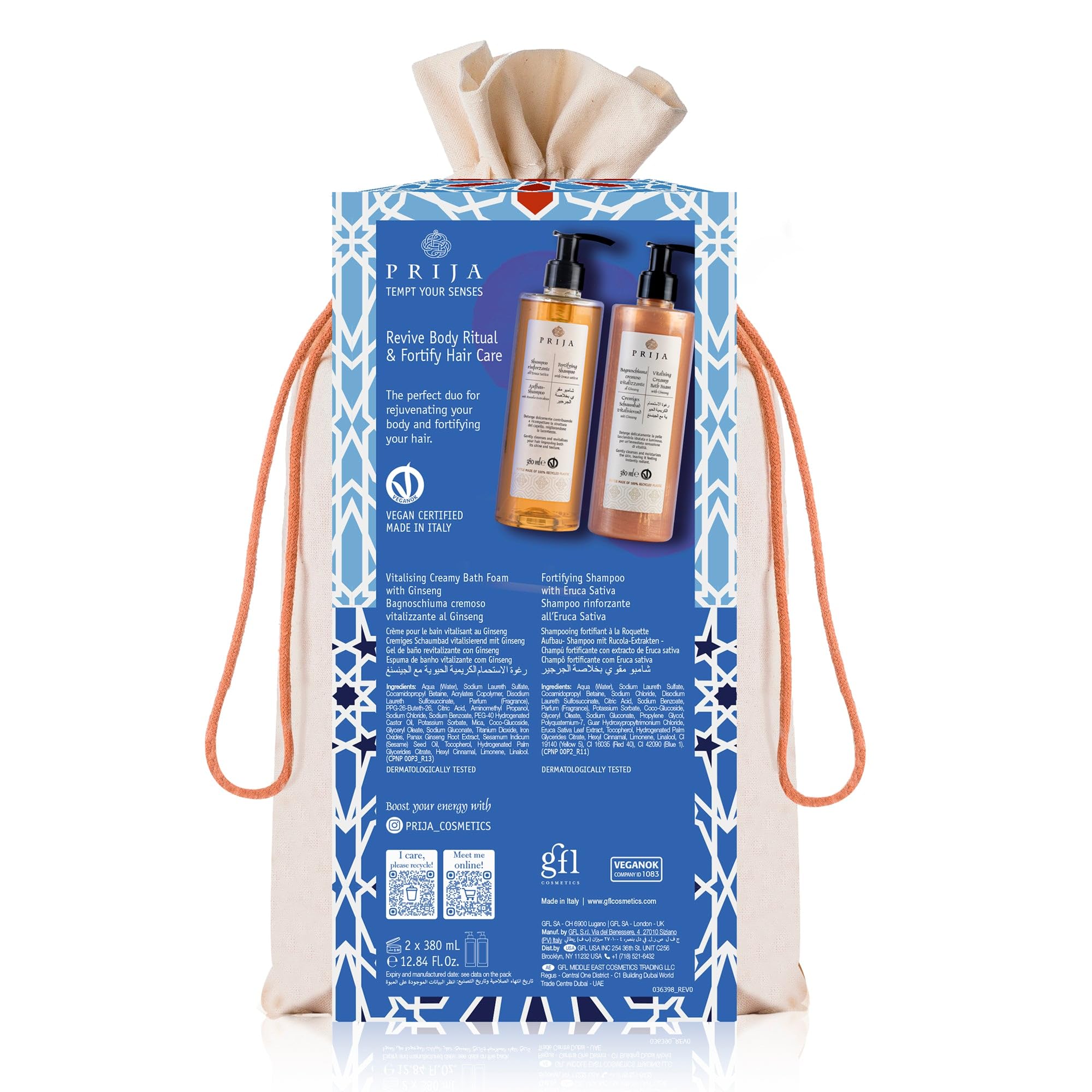 Prija Hair And Body Gift Pack (Includes Vitalizing Creamy Bath Foam With Ginseng And Fortifying Shampoo With Eruca Sativa) - Veg