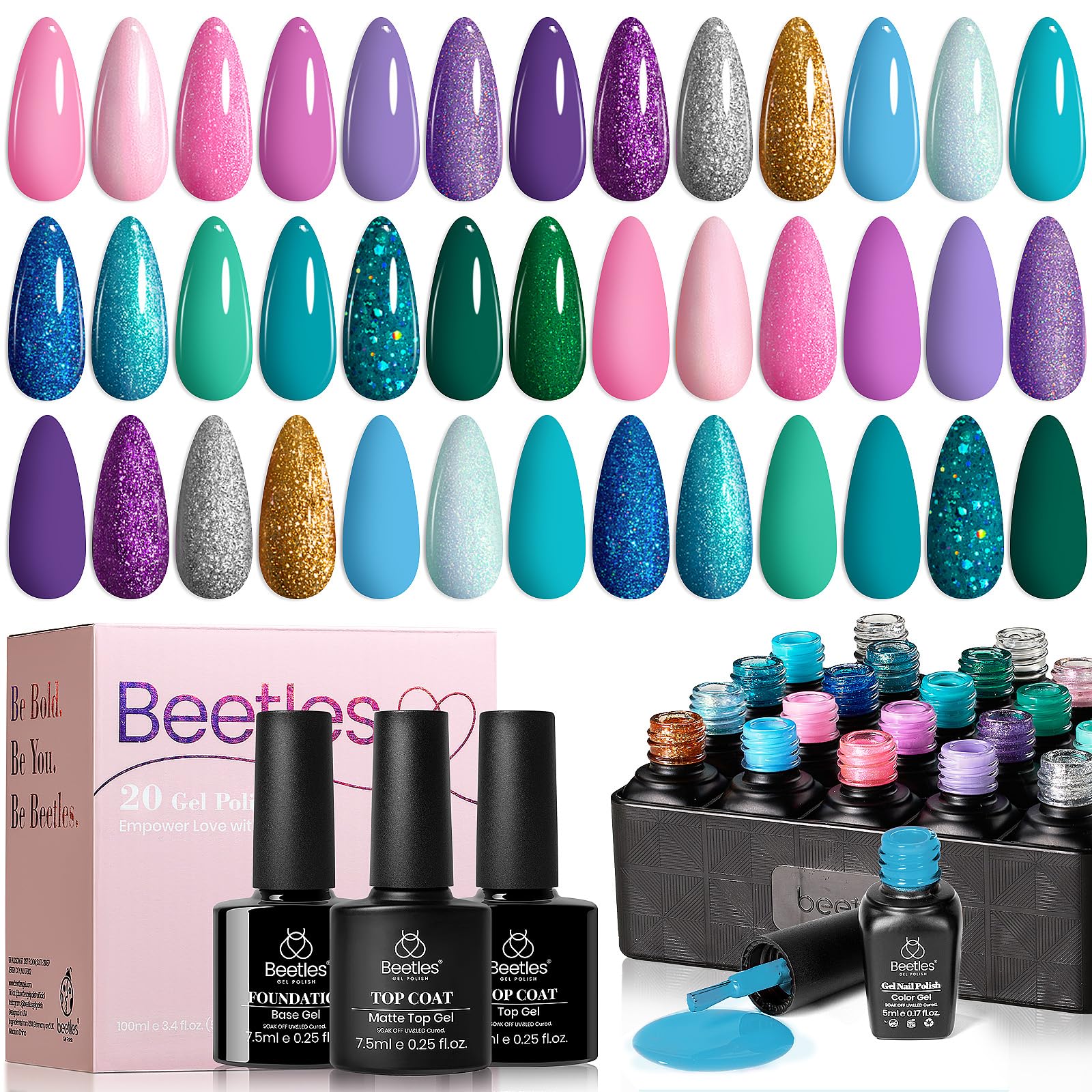 Beetles Summer Mermaid Gel Nail Polish Set, 20 Colors Blue Green Pink Purple Shimmery Glitter Summer Gel Polish Kit with Base Ge