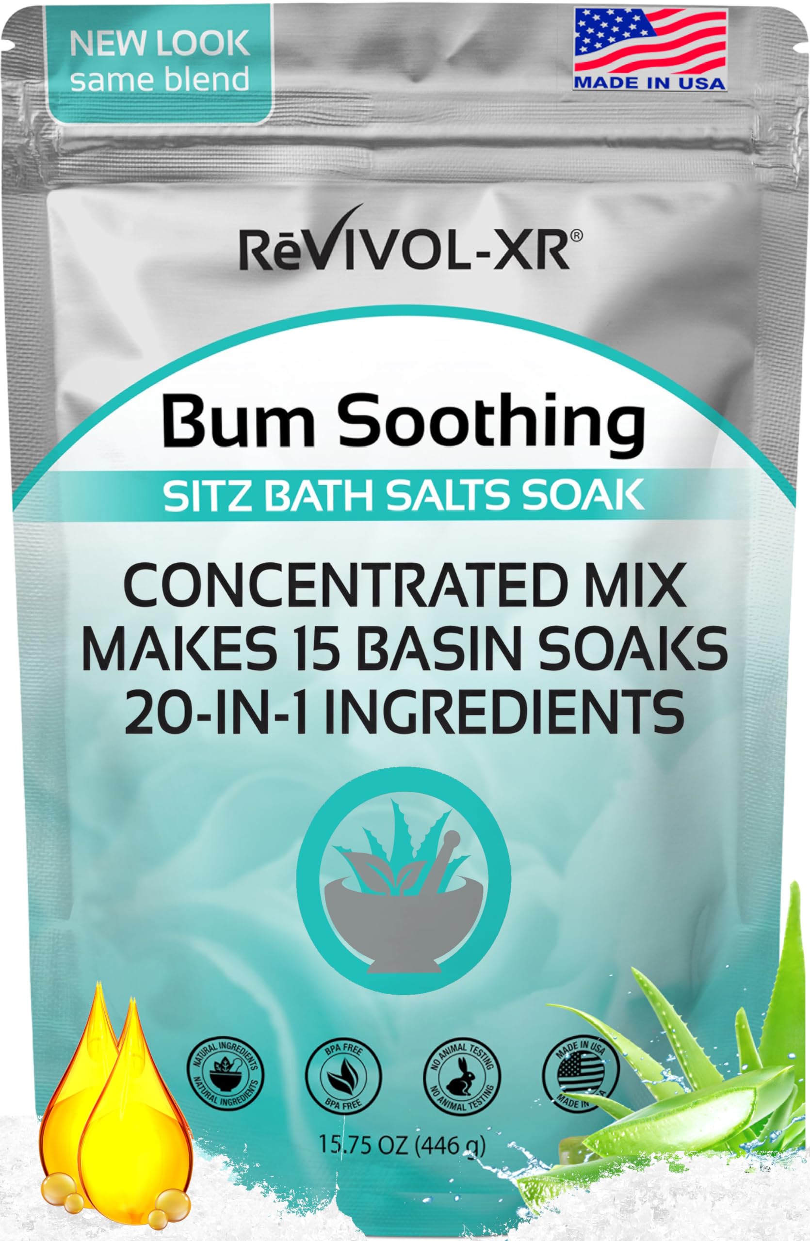 Sitz Bath For Hemorrhoids Soothing 20-In-1 Salts Soak Mix, Concentrated Pouch Makes 15 Toilet Seat Basin Sit Soaks. Made-In-Usa