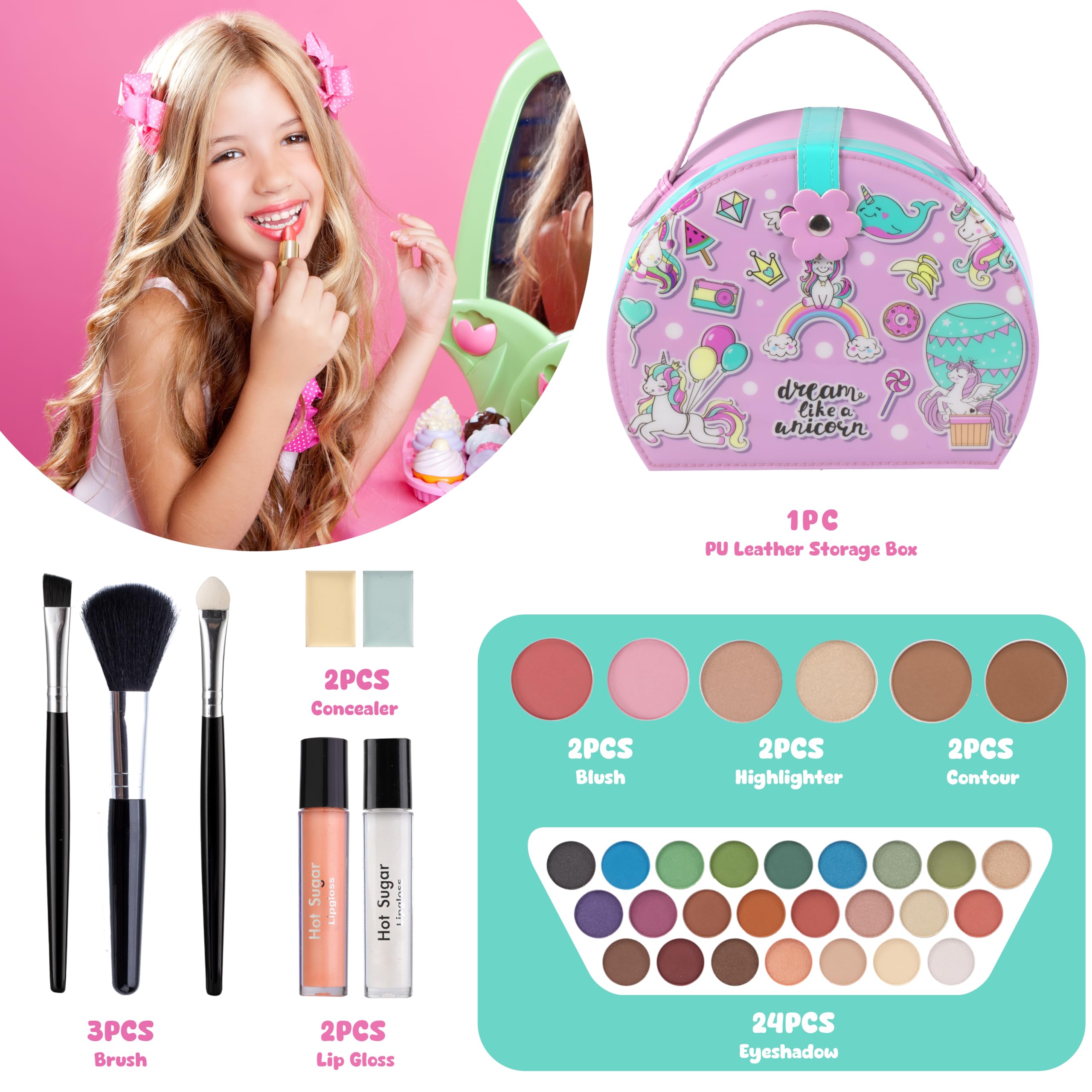 Hot Sugar Kids Makeup Kit, Girls Makeup Kit Age 4-6 7-8 10-12, Unicorn Gift For Girls Birthday Christmas (Pink)