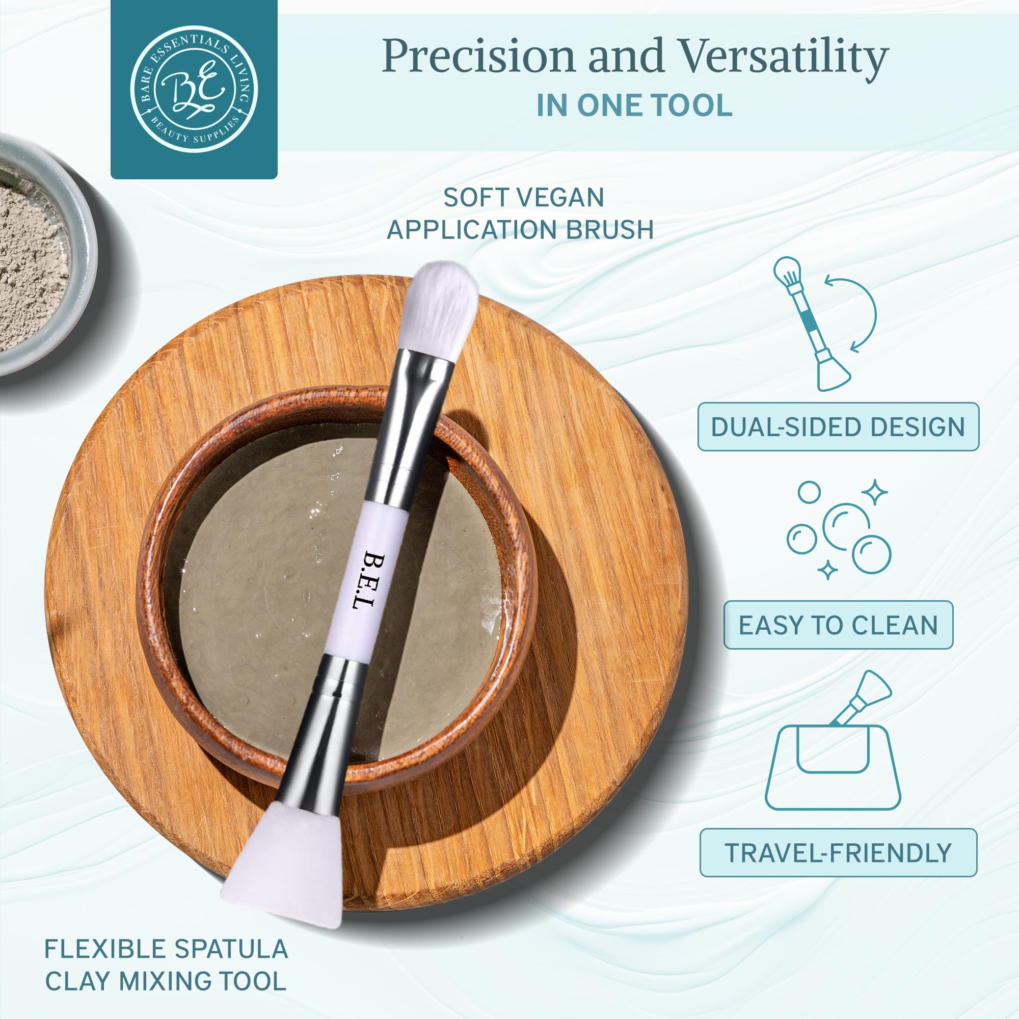 Bare Essentials Living Clay Face Mask Brush (3 Pack, White) Dual Soft Silicone Face Mask Applicator Brush Tool, Great Facial Ess