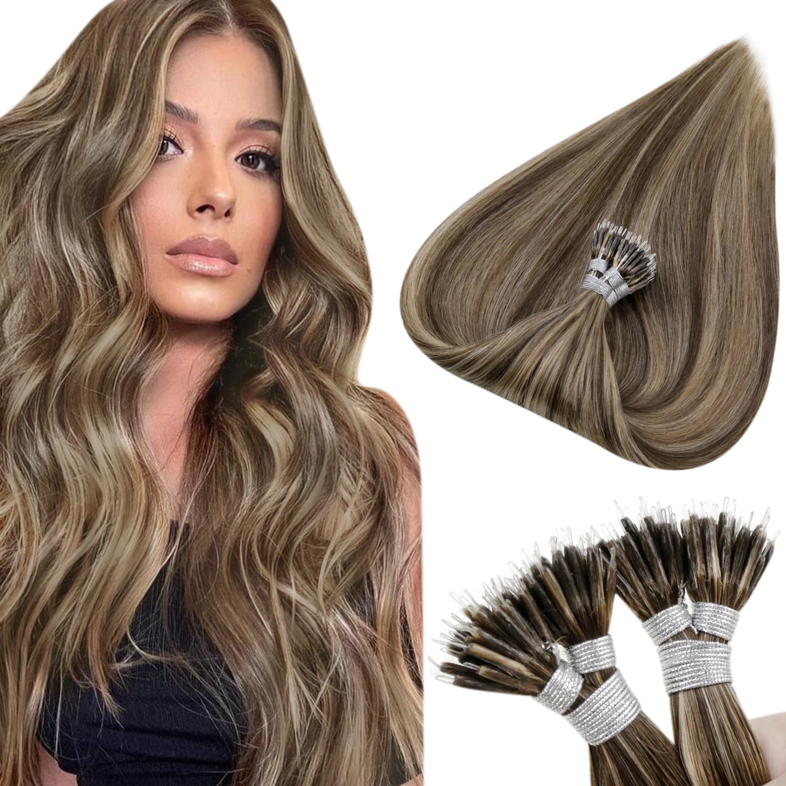 Hetto Nano Tip Extensions Real Human Hair Brown Highlighted Blonde Nano Link Human Hair Extensions Invisible Nano Ring Hair Exte