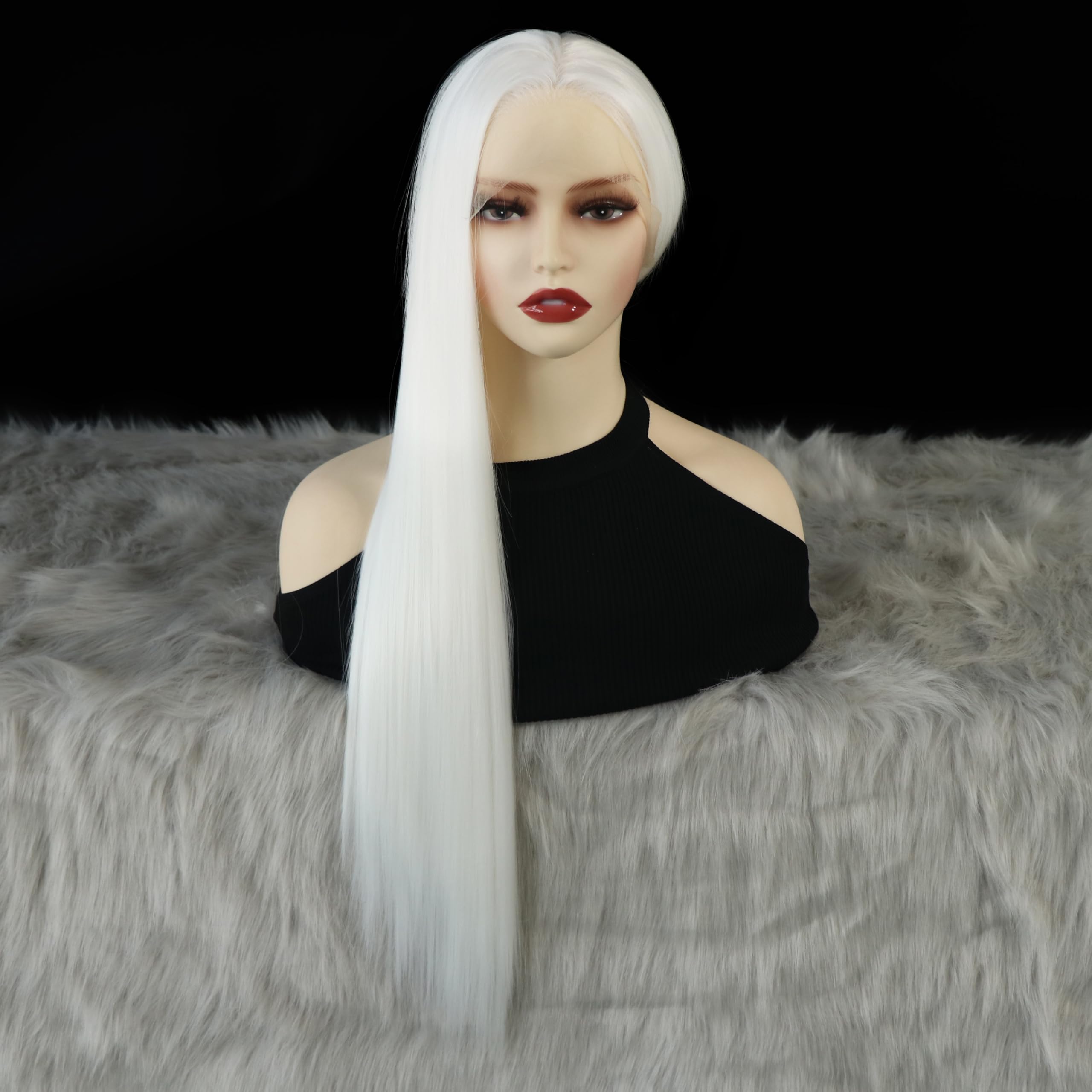 Wxhwcx White Synthetic Lace Front Wig Straight Free Part Heat Resistant Fiber Hair Glueless Lace Wigs For Women Party Use Lace W