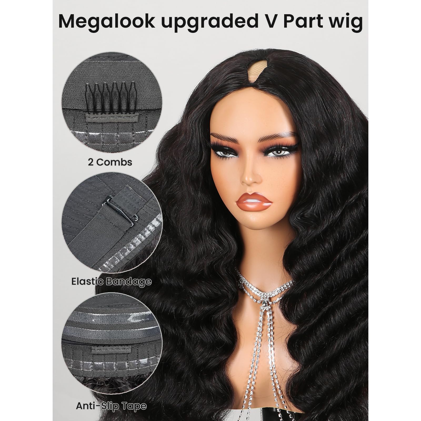 Megalook V Part Wig Human Hair 12A Loose Deep Wave Curly Wig Human Hair Glueless U Part Wig With Clip 210% Density Half Wigs For
