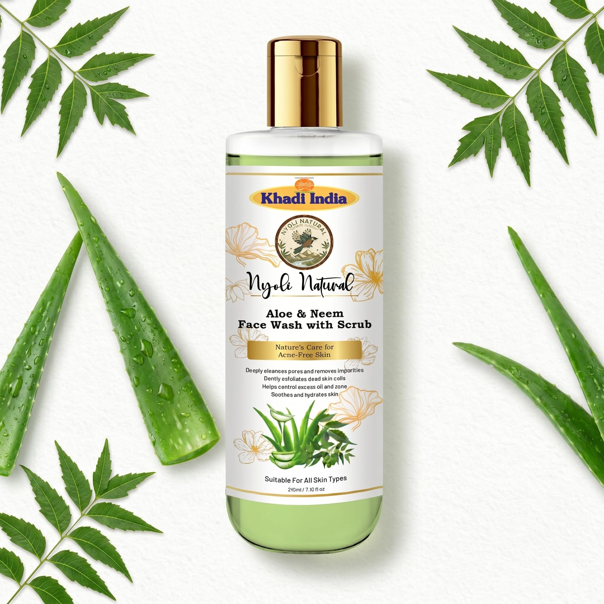 Khadi Nyoli Natural Neem And Aloe Vera Face Wash With Scrub For Oily & Acne Prone Skin  210Ml | Daily Herbal Gel Face Cleanser 