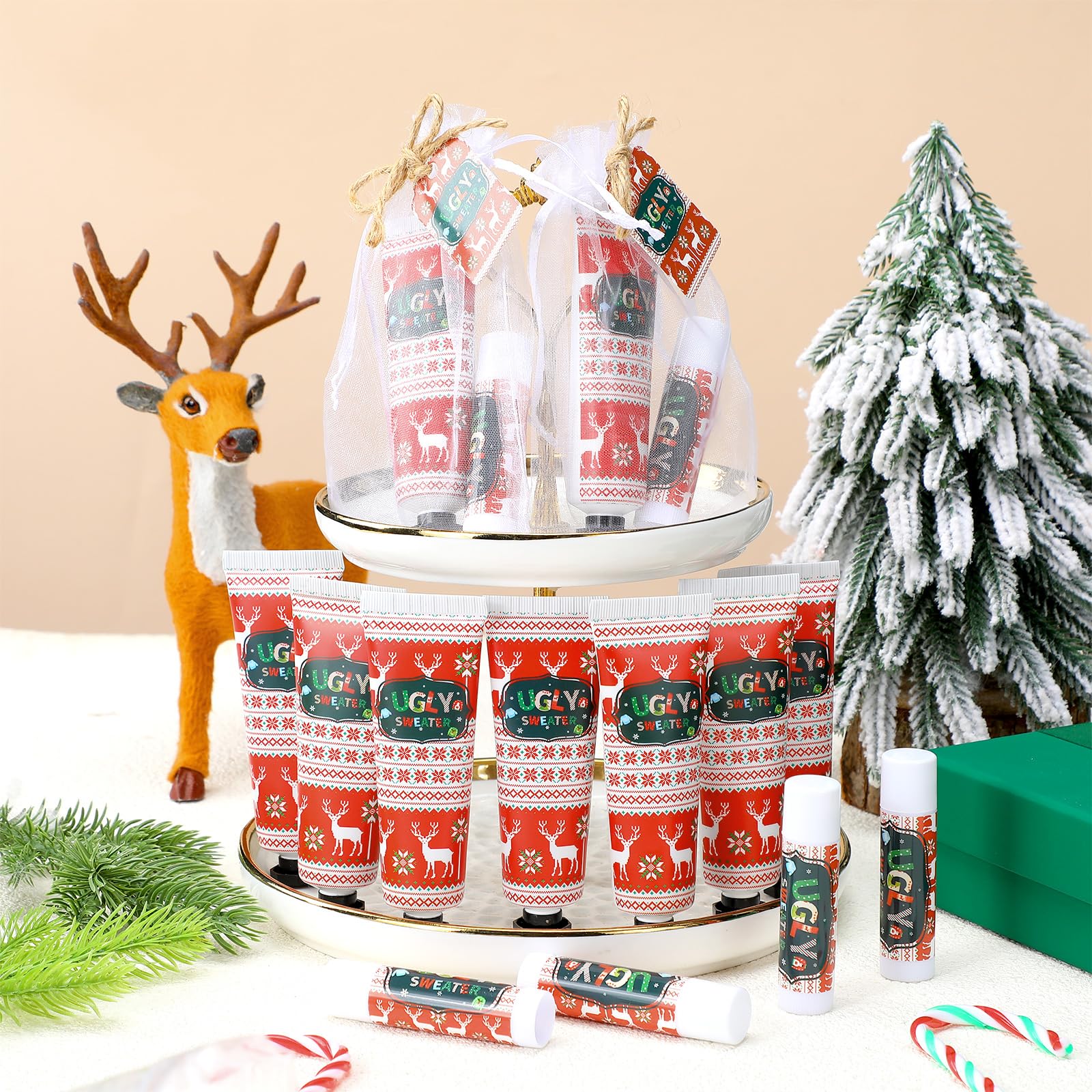 Dansib 24 Sets Christmas Ugly Sweater Baby Shower Hand Cream and Lip Balm Gift Christmas Party Favors Travel Size Hand Lotion an