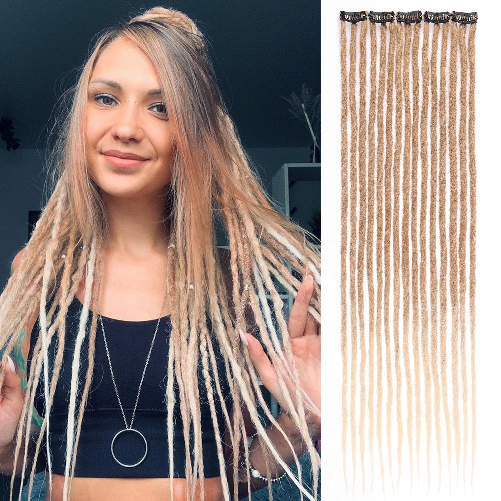 Leeven Synthetic Dreadlock Extensions Clip In 24 Inch 5 Pcs Ombre Blonde 15 Strands Hippe Dreads Handmade Soft Reggae Style Loc