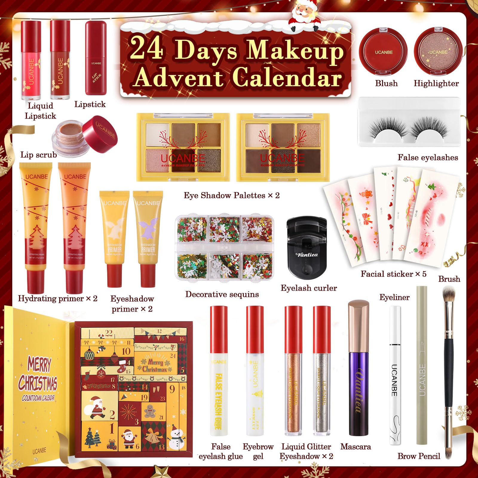 UCANBE Makeup Advent Calendar 2025, 24 Days Christams Makeup Sets For Women Gift, 2025 Xmas Countdown Calendar 24 Individually B