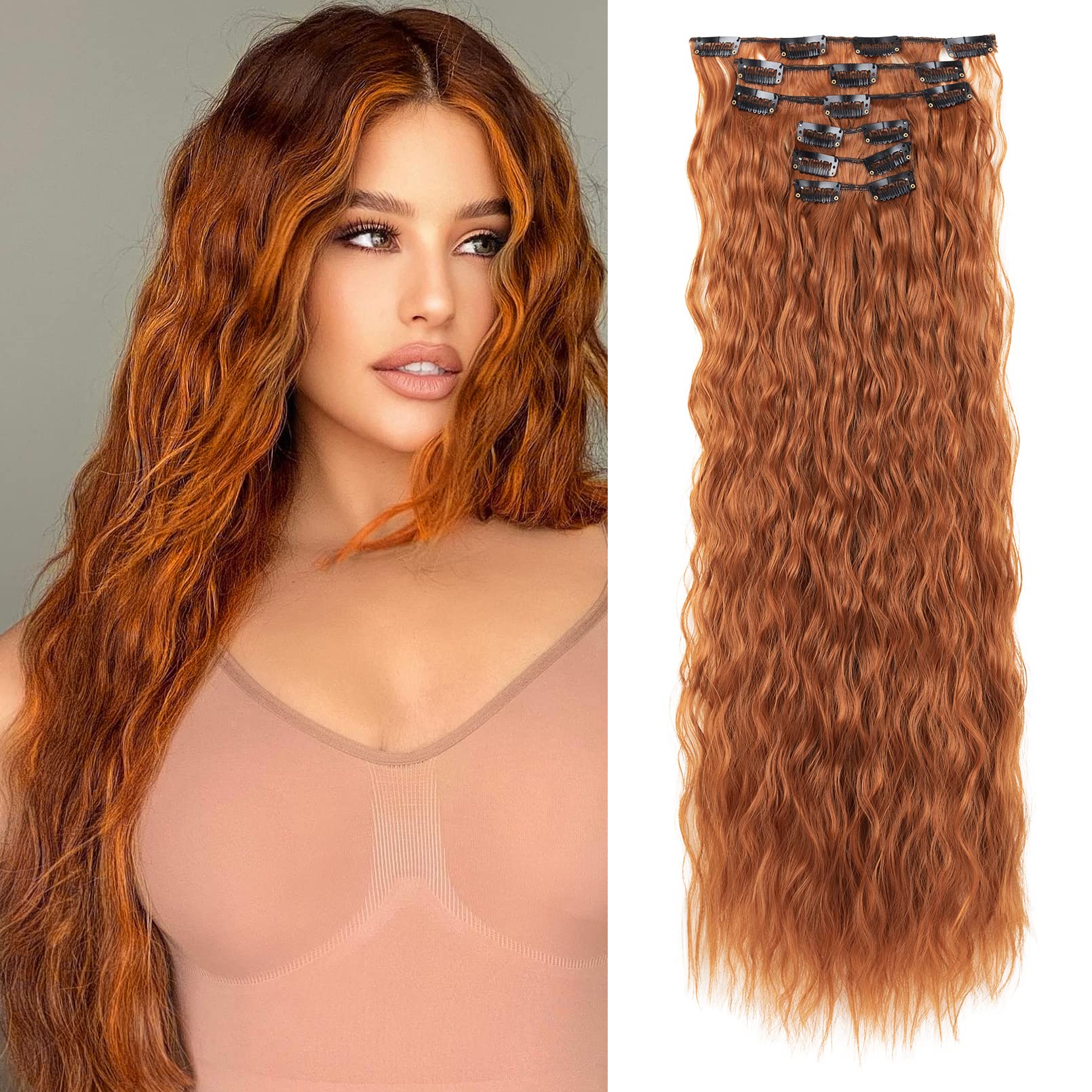 LONAI Clip In Hair Extensions, 6PCS Curly 24'' Long Synthetic Clip On Hairpiece For Women-Copper Red
