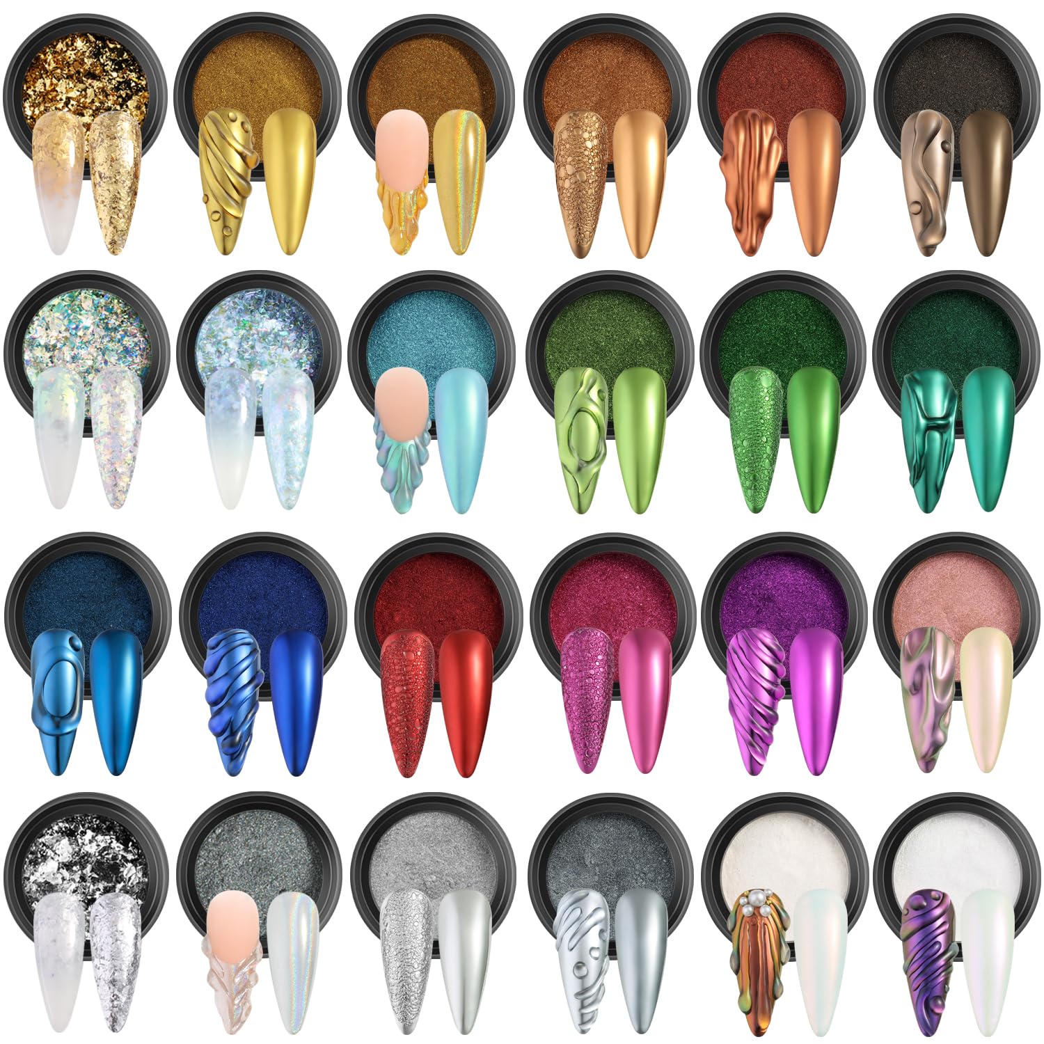 Fcozpjk Chrome Nail Powder Set 24 Colors, Mirror Effect Gold Silver Chrome Glitter Powder White Pearl Chrome Powder Iridescent P