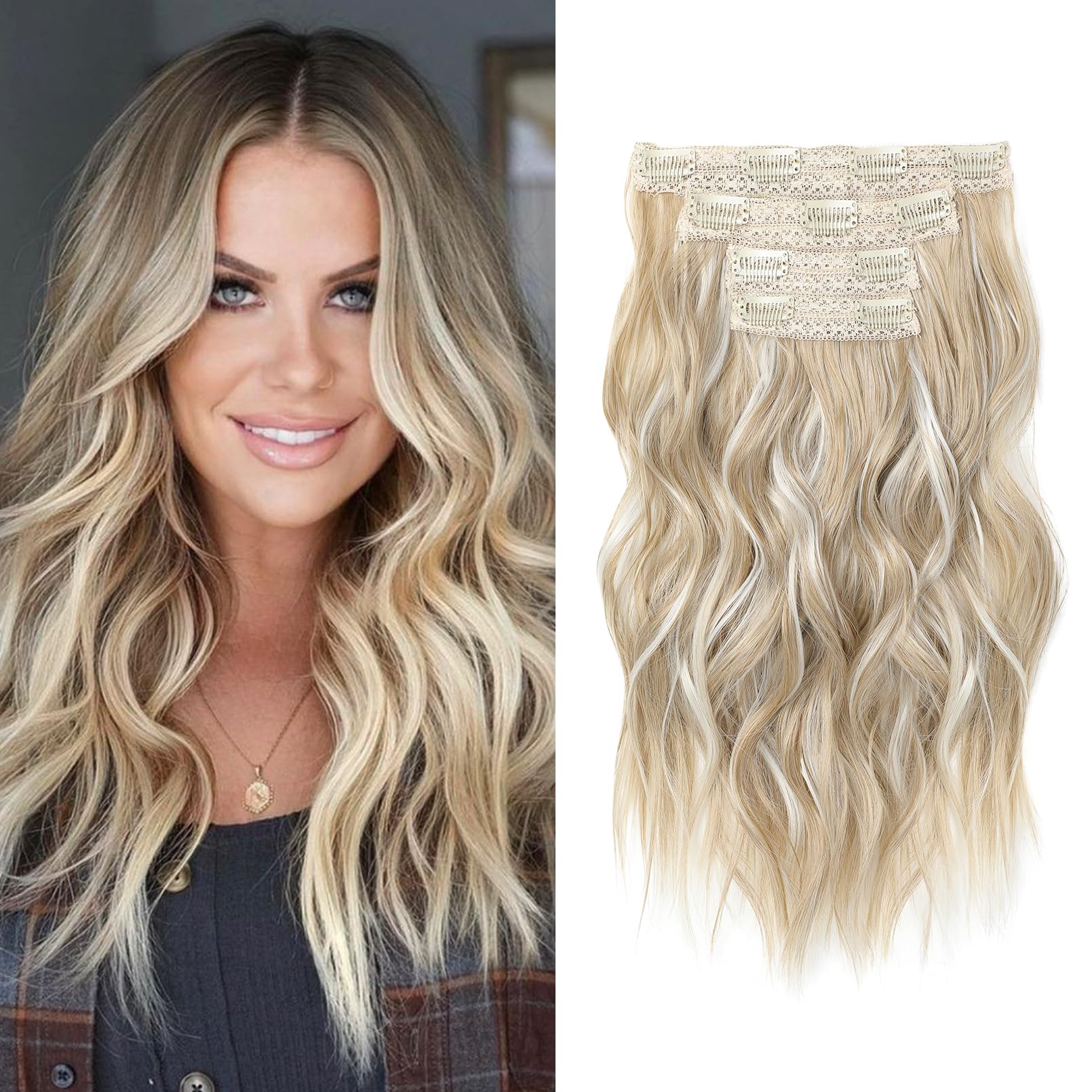 NTYNTY Hair Extensions, 14'' Short Clip in Hair Extensions 4PCS Beach Wave Blonde Hair Extensions Natural Soft Synthetic Hairpie