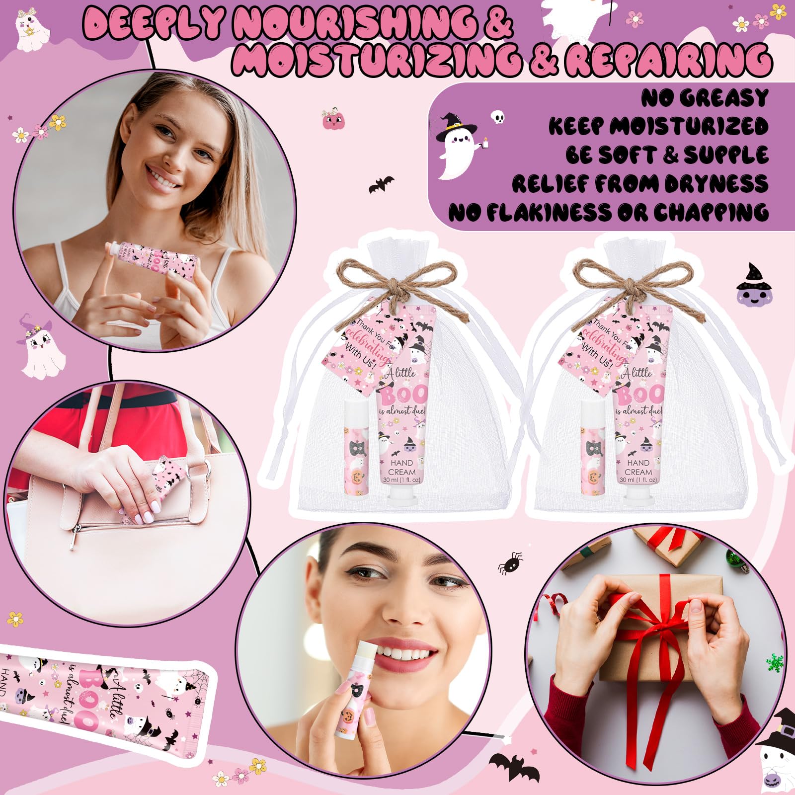 Dansib 24 Sets Halloween a Little Boo Is Almost Due Baby Shower Hand Cream and Lip Balm Gift Travel Size Hand Lotion and Lip Bal