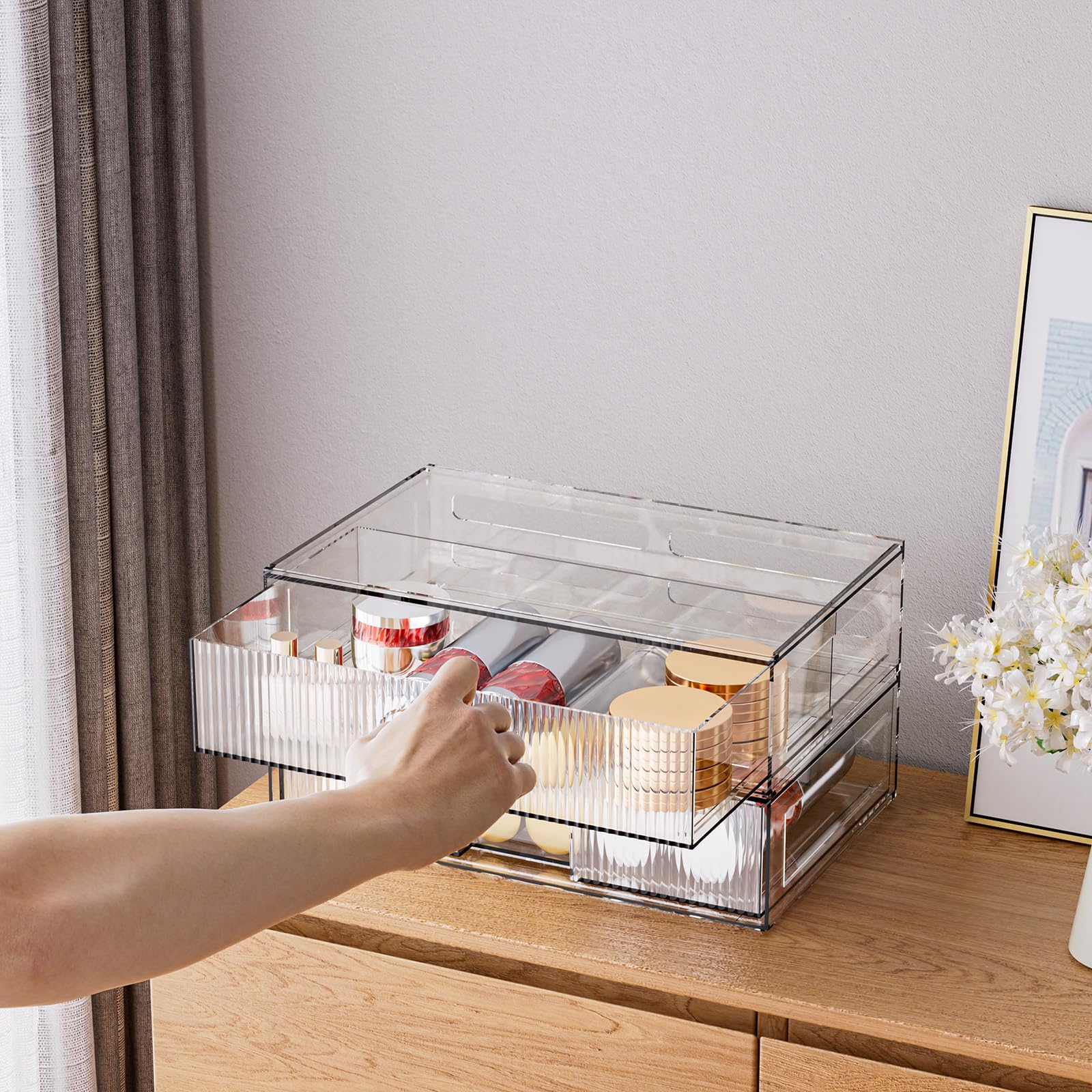 Zhiai Stackable Storage Drawer, 2 Piece Acrylic Organiser For Cosmetics And Beauty Products, Suitable For Dressers, Bathrooms, C