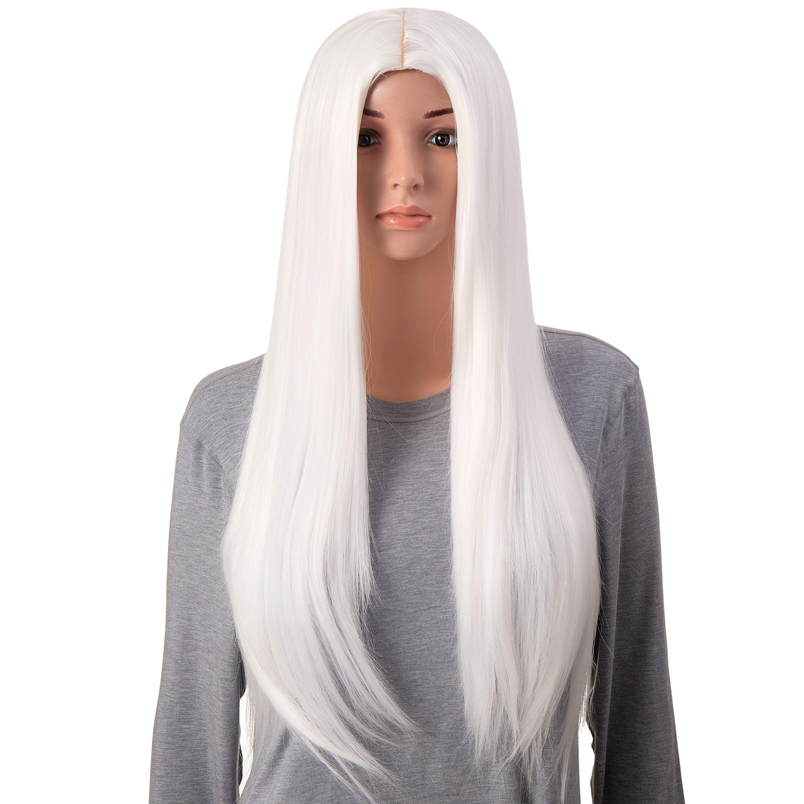 Onedor 30 Inches Long Straight White Synthetic Hair Women Full Head Cosplay Wig with Wig Cap (1001 - White)