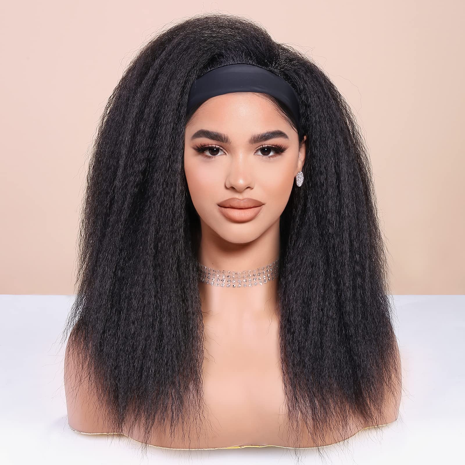 WIGNEE 18 Inches Kinky Straight Headband Wig for Women Yaki Straight Wigs with Black Headband Kinky Afro Wigs For Black Women (1