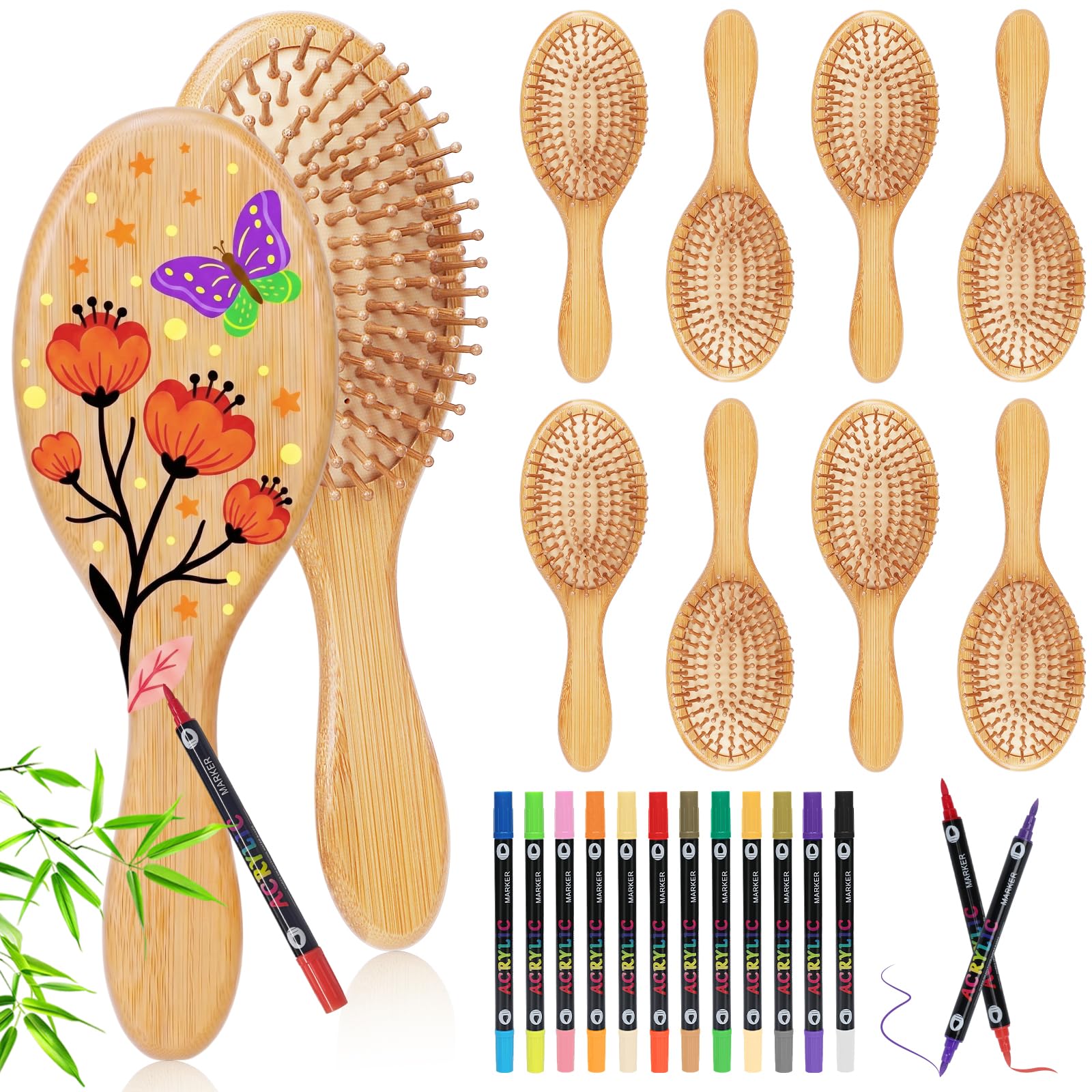 8 Pieces Bamboo Hairbrush Painting Kits Bamboo Hair Brush for Hair Growth Natural Paddle Hairbrush with 12 Multicolor Pens Massa