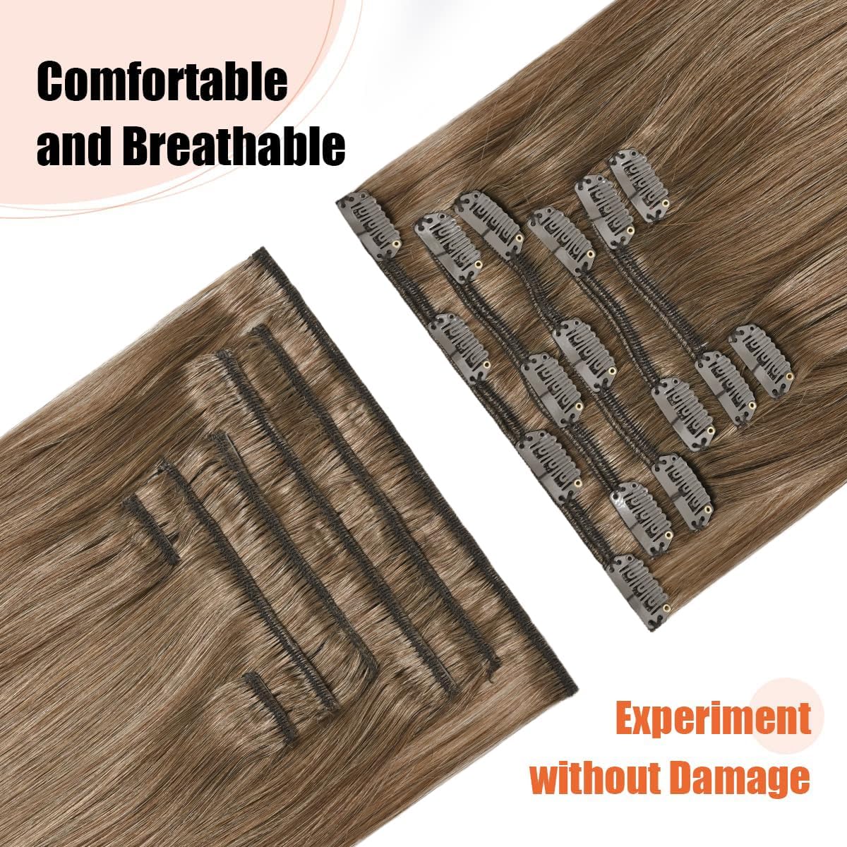 Clip in Hair Extensions Real Human Hair 70G Ash Brown Remy Human Hair Clip in Extensions 20 Inch Soft Silky Straight for Full He