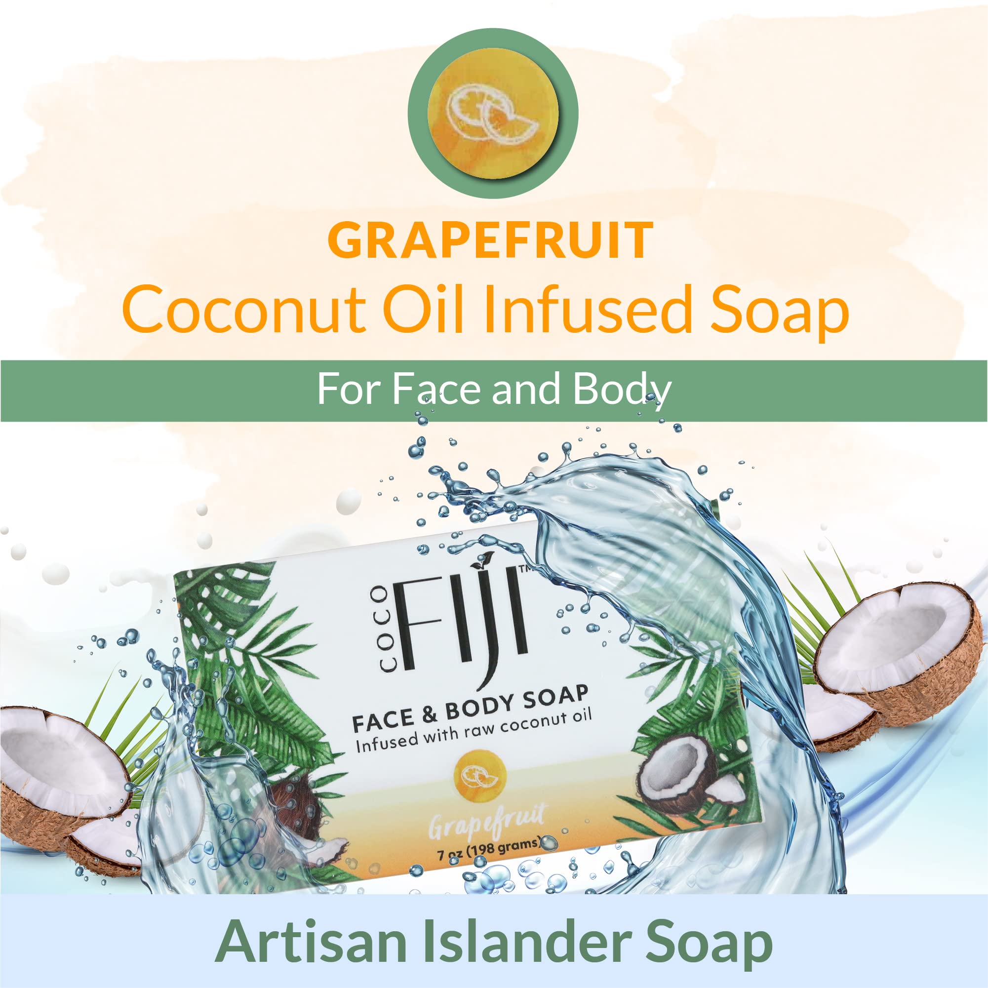 Coco Fiji Soap Bar for Face and Body Infused With Organic Coconut Oil, Grapefruit, Essential Oil, Natural Soap for Moisturizing