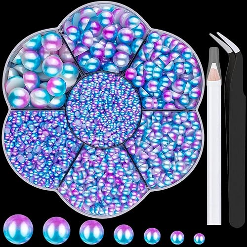Nail Art Flat Back Half Round Pearl Kits 19, 1 Box of 5600 Pcs Flat-Back Blue Mermaid Pearl with Tweezer and Picker Pencil for H