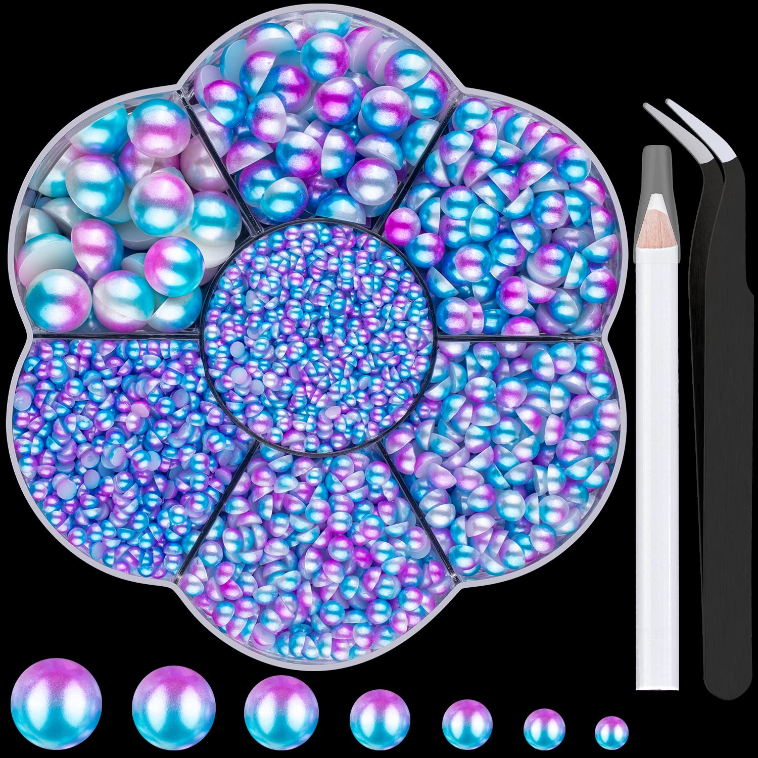 Nail Art Flat Back Half Round Pearl Kits 19, 1 Box of 5600 Pcs Flat-Back Blue Mermaid Pearl with Tweezer and Picker Pencil for H