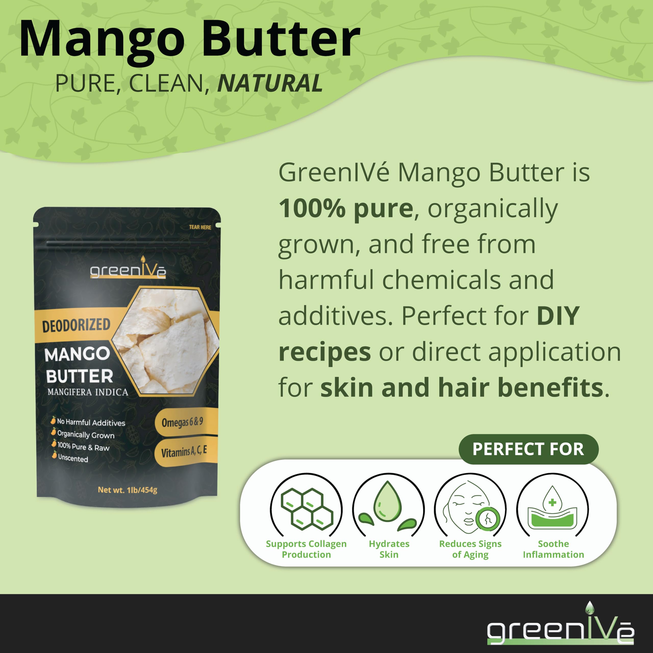 GreenIVe Deodorized Mango Butter 100% Pure Raw Creamy All Natural Skin Moisturizer (1 Pound Bag)