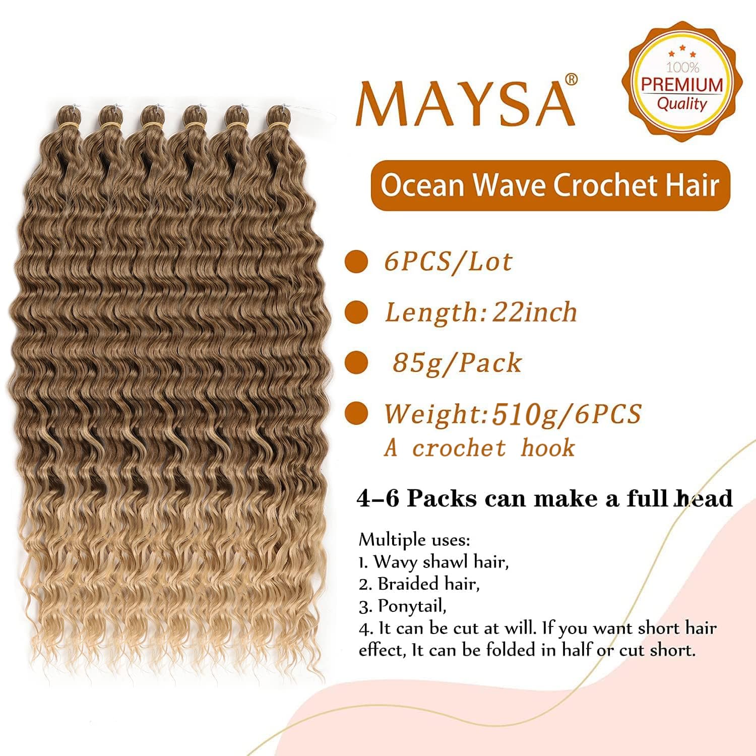 Ocean Wave Crochet Hair Extensions, Curly Braiding Crochet Hair, Soft Synthetic Crochet Hair Extensions 22inch 6Packs #T8/24 Bro