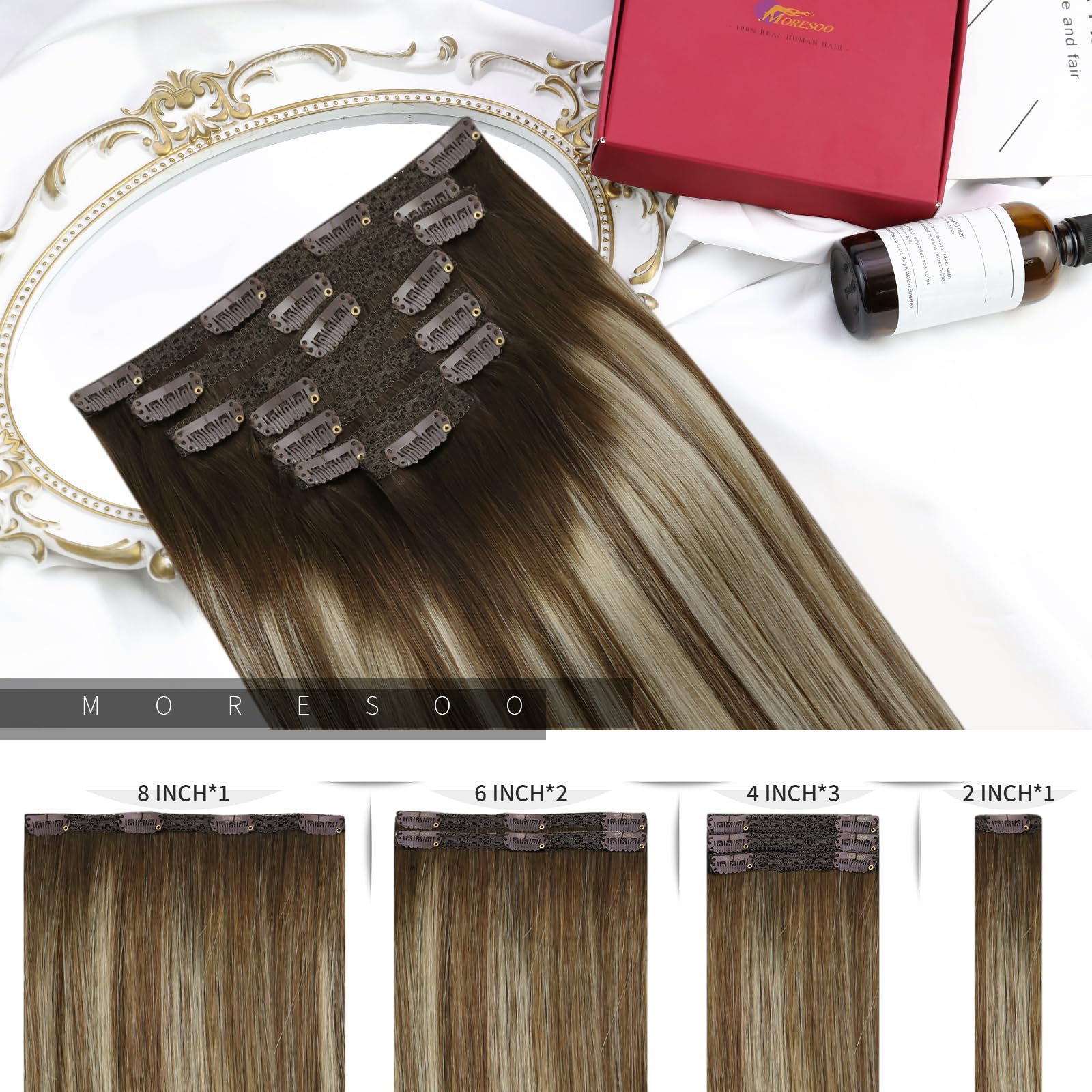 Moresoo Real Hair Extensions Clip In Human Hair Dark Brown To Light Brown Balayage Clip Extensions Medium Blonde Hair Extensions