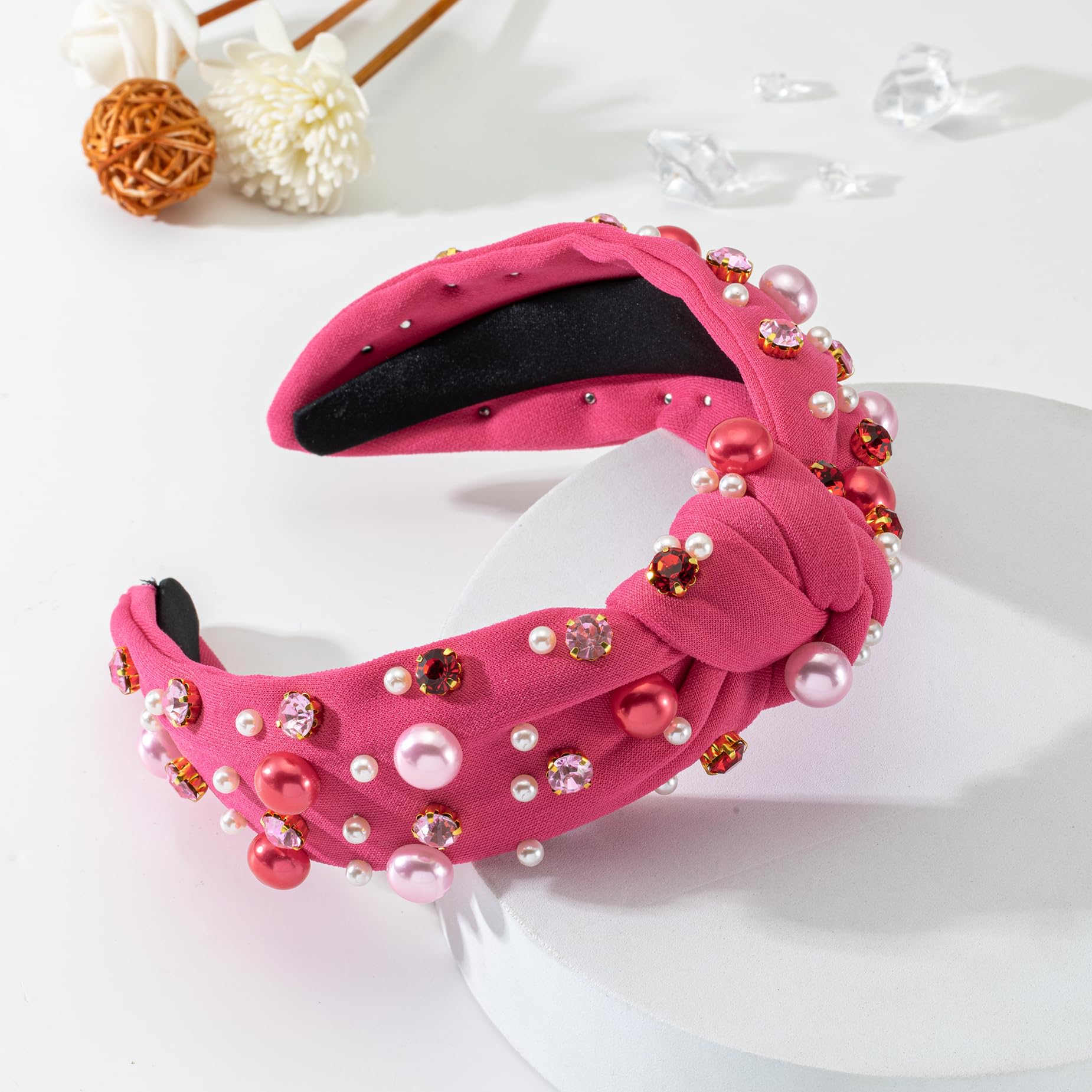 Mixcbe Valentine'S Pearl Headband - Crystal Jeweled Knotted Hair Accessory Gift For Women, Red Pink Hot Pink Wide Top Knot