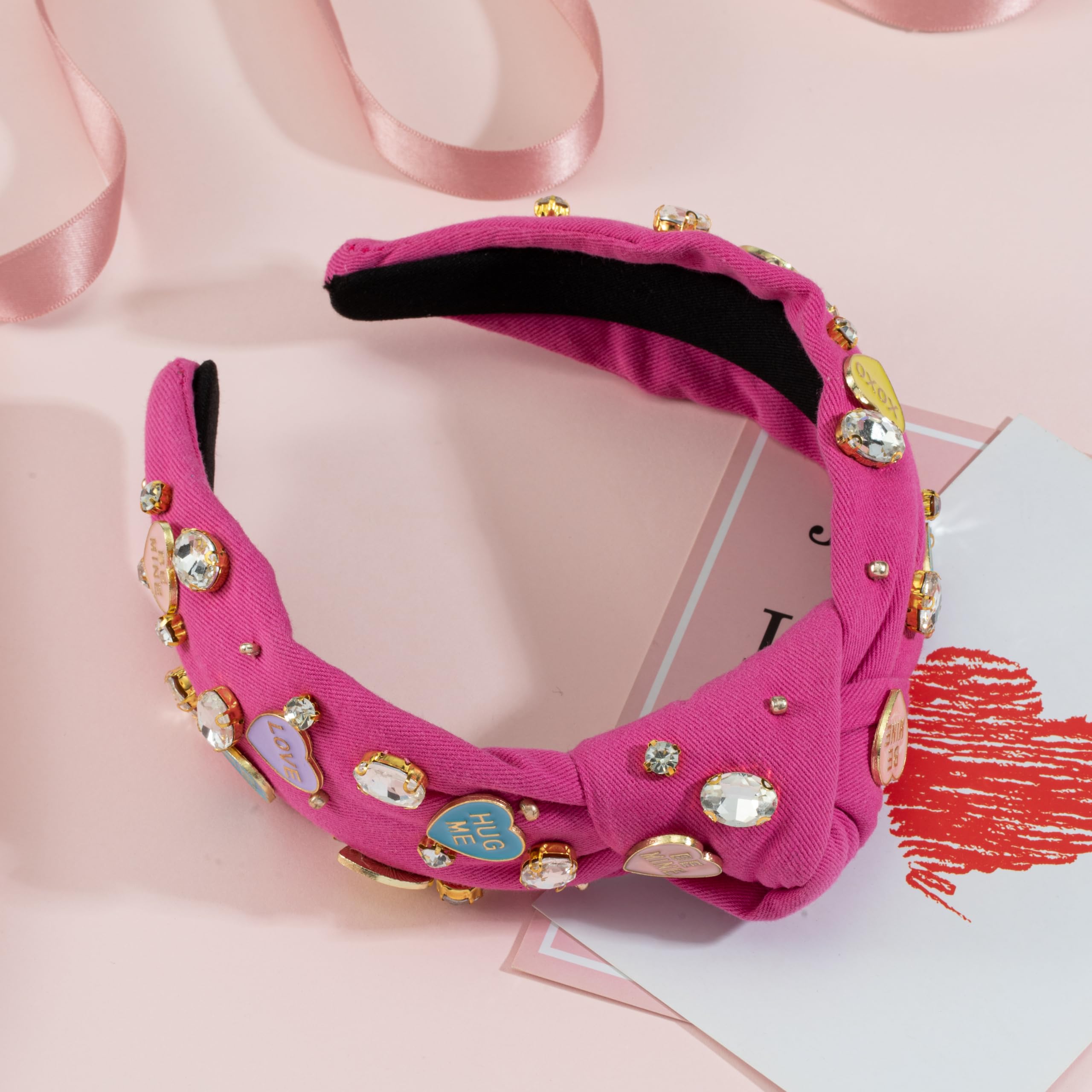 Valentine'S Day Rhinestone Headband For Women Hot Pink Heart Xoxo Love Charm Embellished Top Hairband Twist Wide Hair Band (Vale