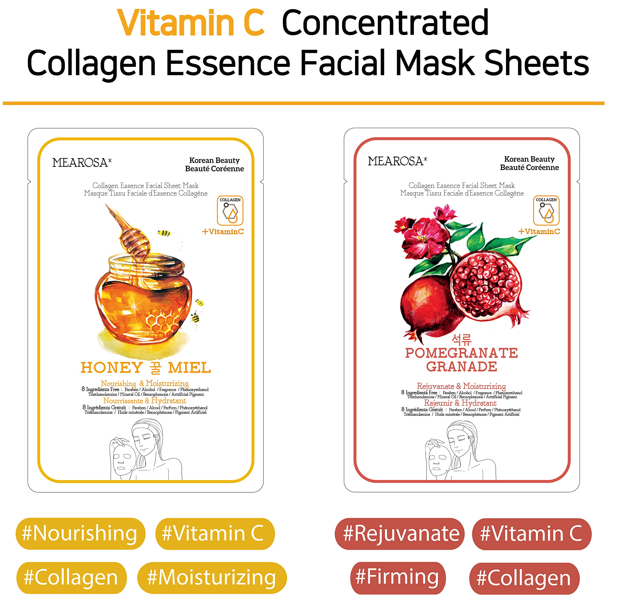 MEAROSA DESIgN Vitamin c collagen Natural Essence Face Mask Beauty Facial Mask Sheet Mask Korea Skin care Premium Quality (8 pac