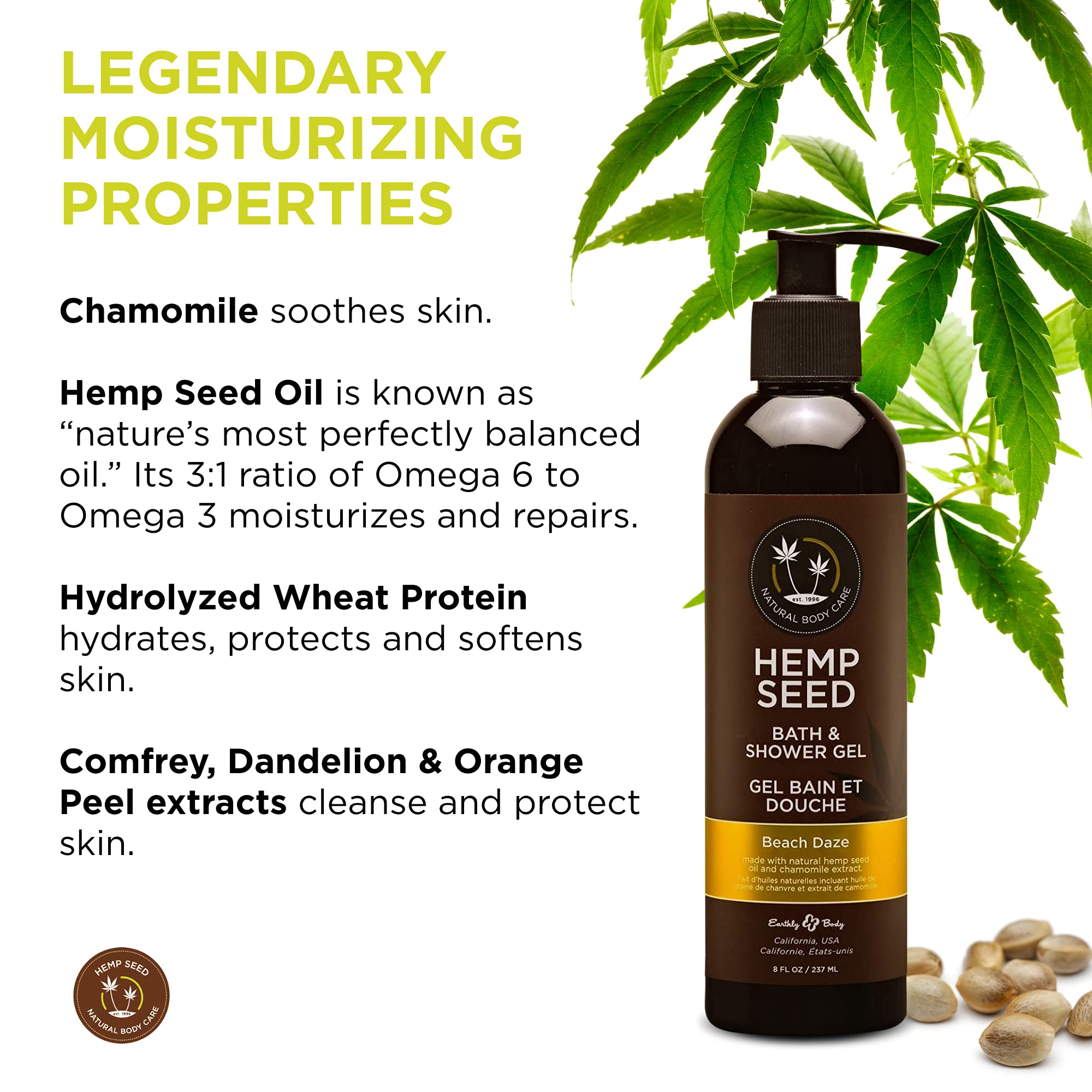 Earthly Body Hemp Seed Bath & Shower Gel, Beach Daze Scent - 8 Oz - Moisturizing Formula With Hemp Seed Oil, Chamomile & Hydroly