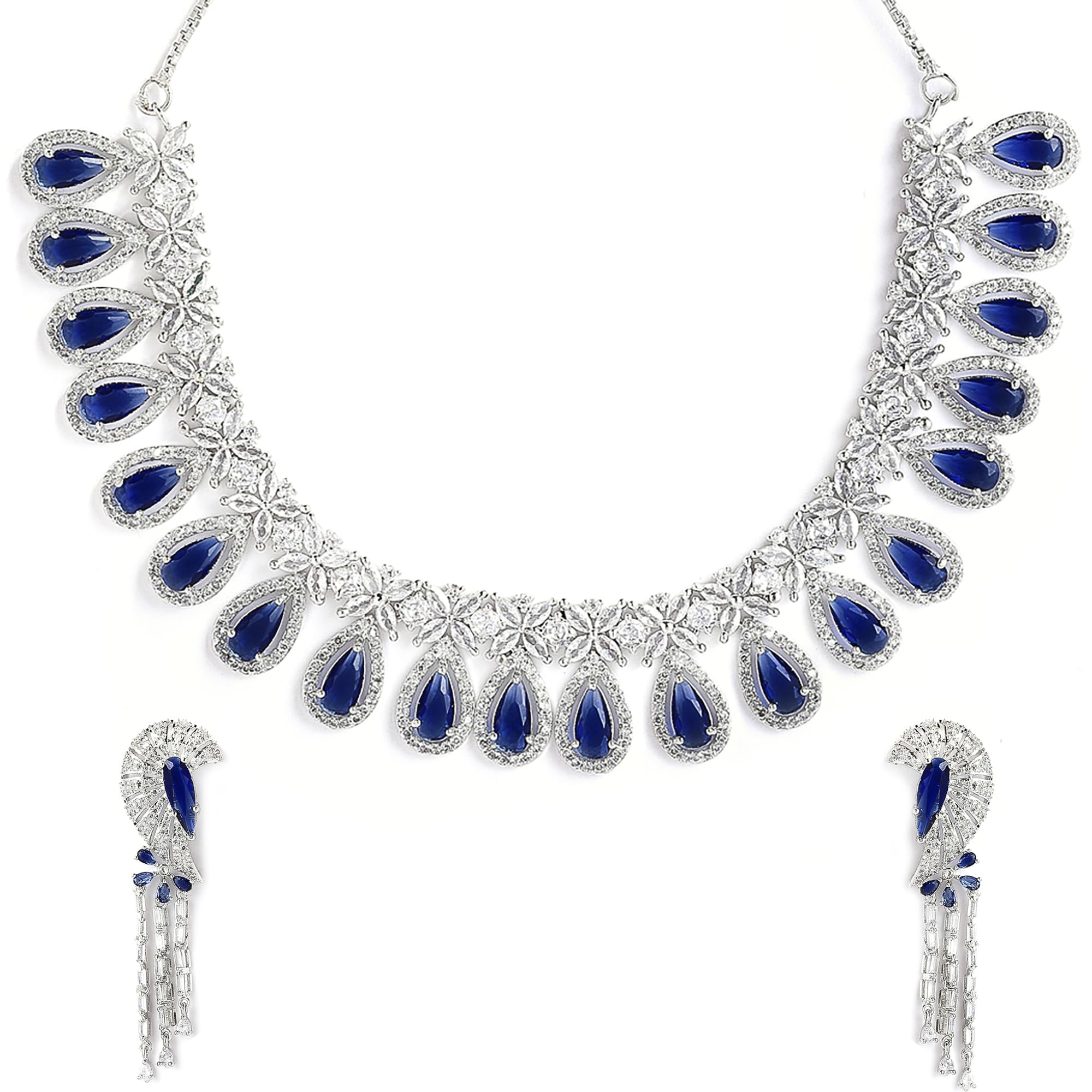 ZENEME Rhodium Plated Silver Toned White American Diamond Studded Necklace With Earring Jewellery Set For Woment and Girl (Blue)